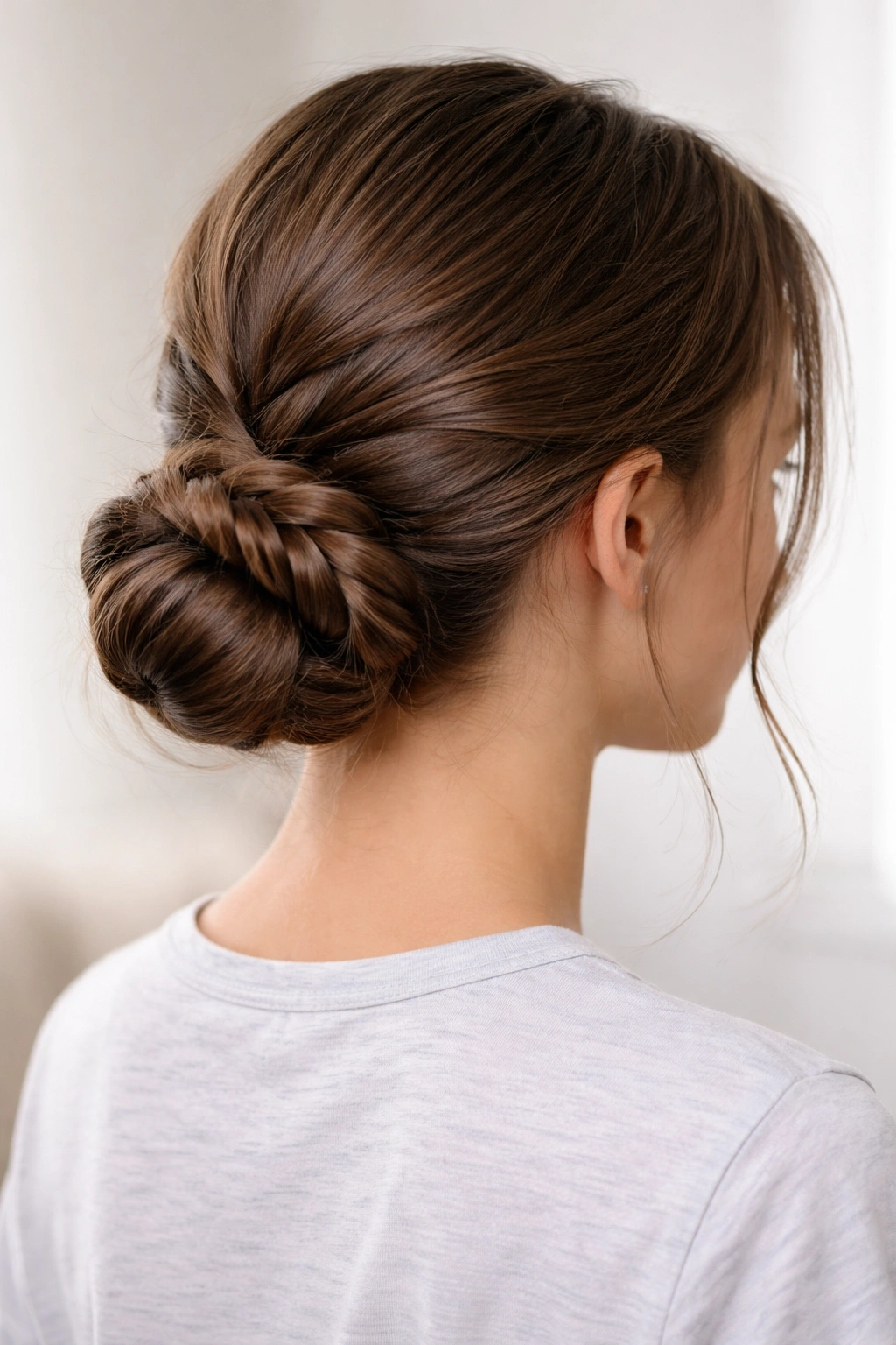 Braided low bun hairstyle with a woven braid at nape