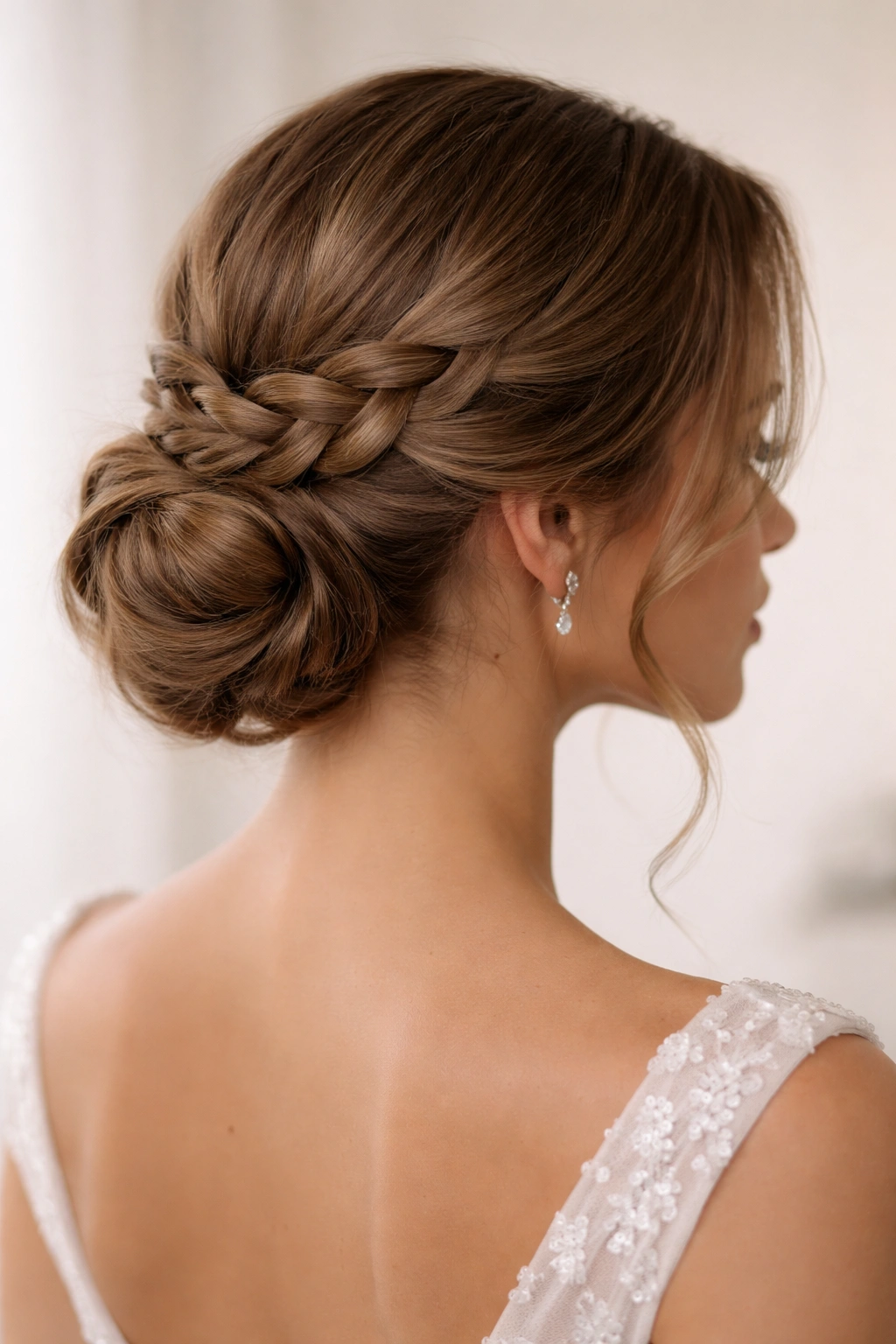 Low bun formed from braids at the nape with visible texture.
