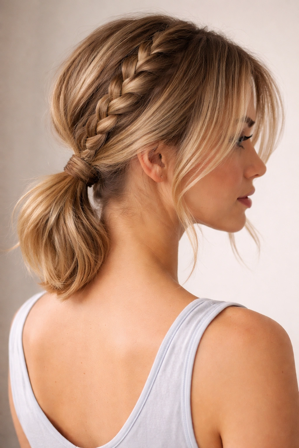 Low braided ponytail with loose face-framing strands on short hair