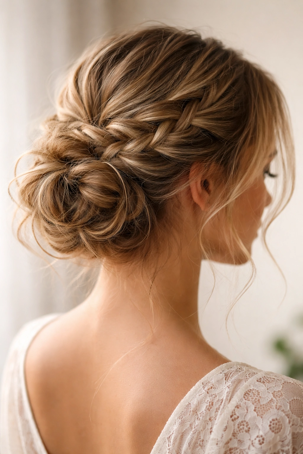 Close-up of a braided messy bun with textured weave