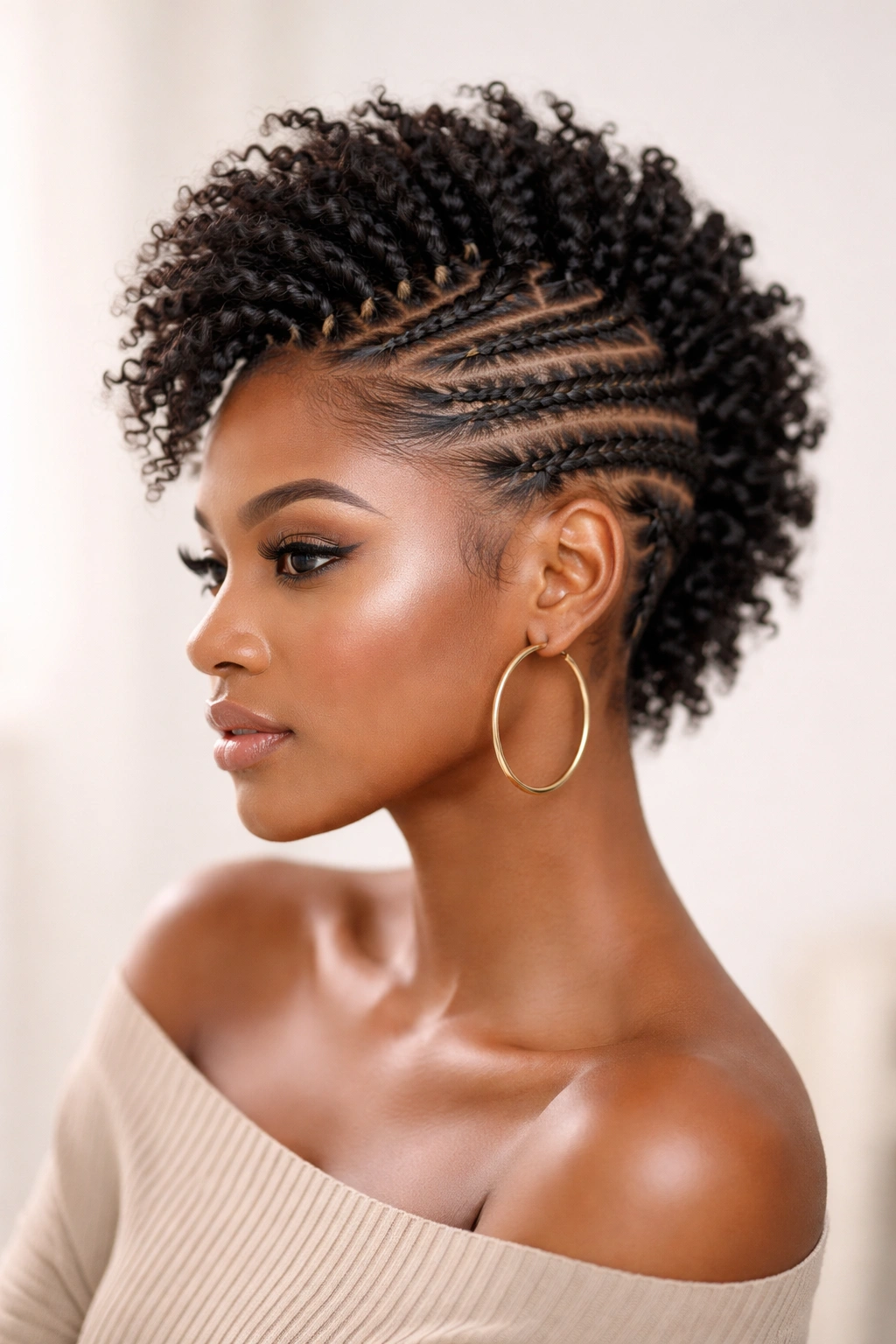 Short natural hair braided into a mohawk with exposed sides