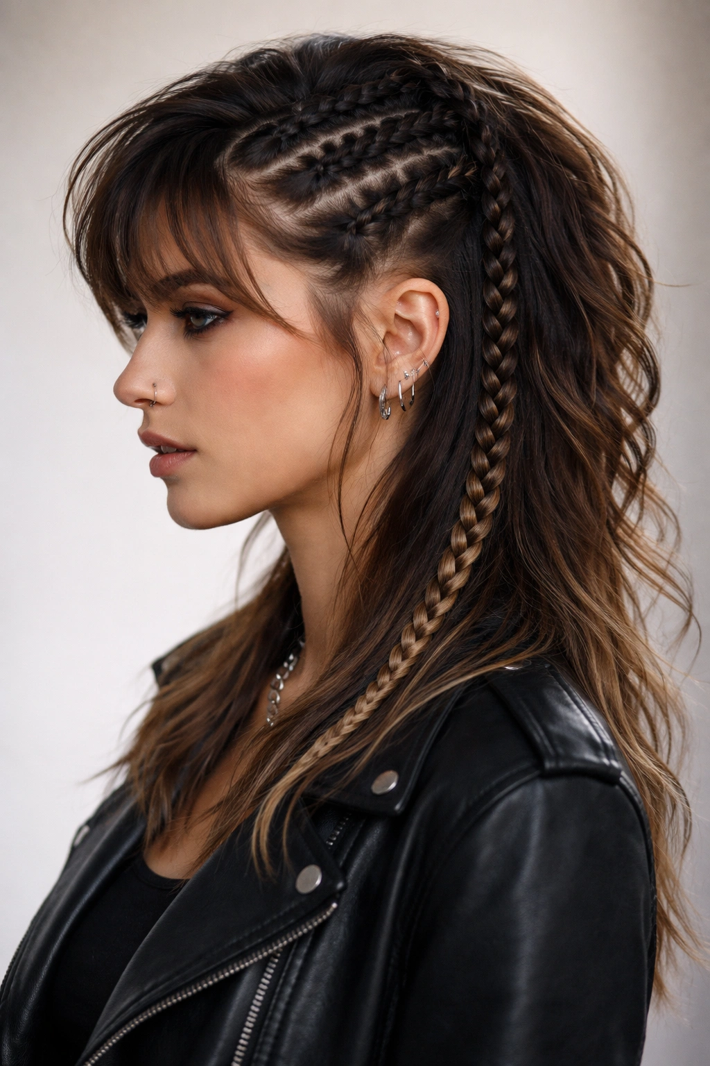 Mullet with accent braids along crown and back