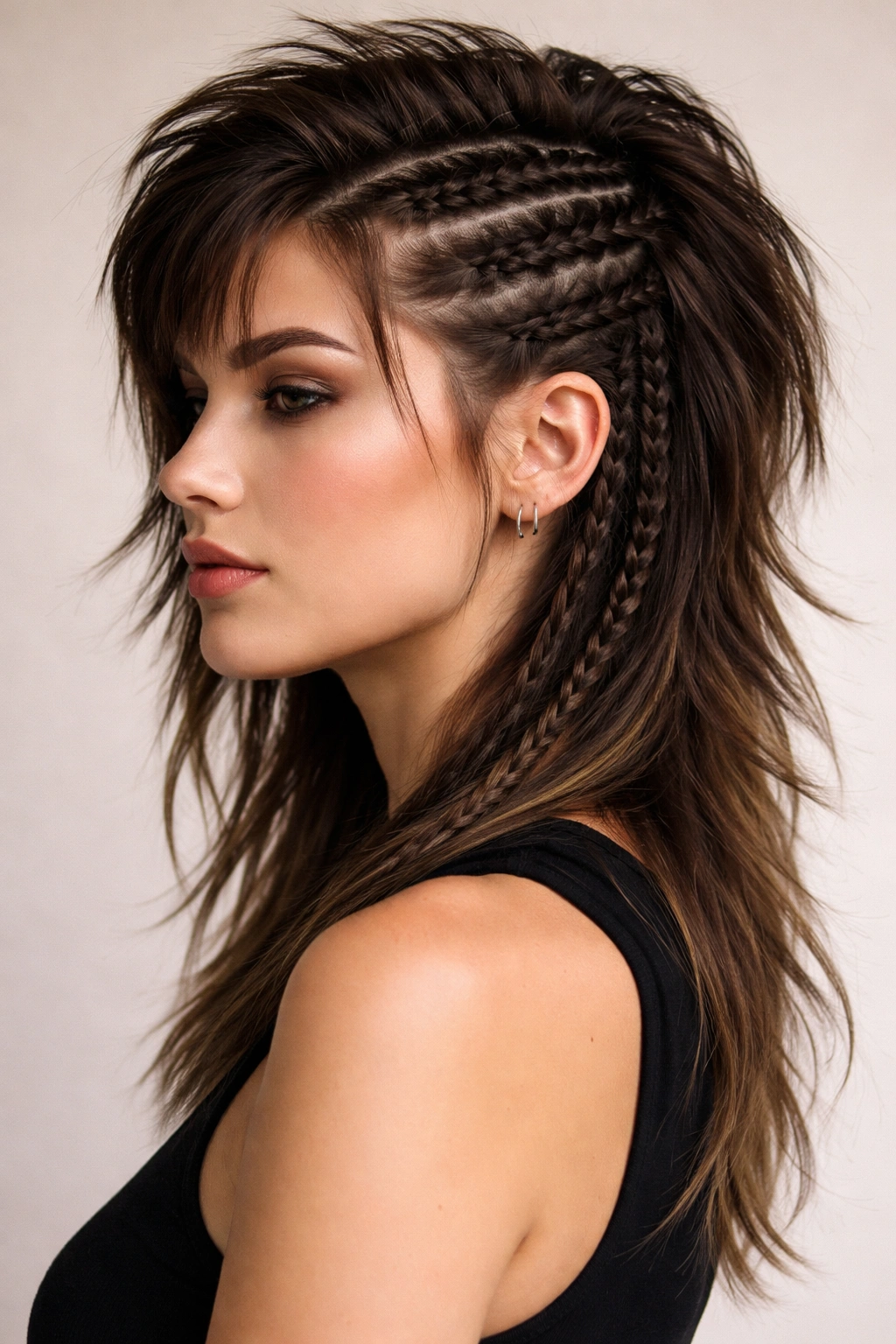Braided mullet with integrated front or back braids on a model.