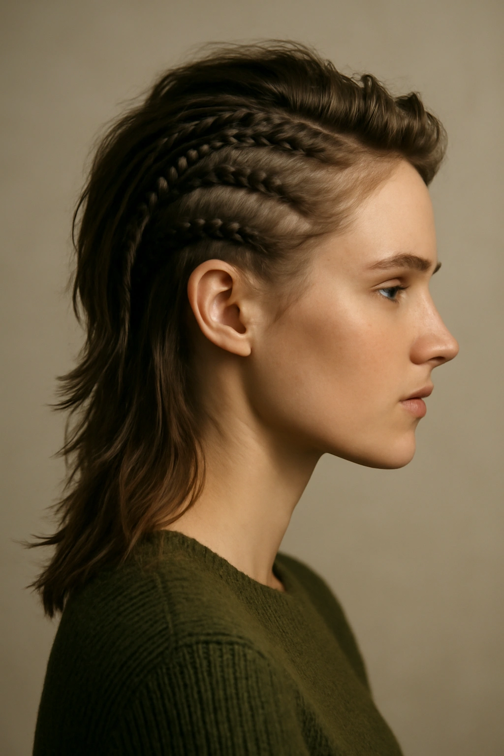 25 Mullet Haircuts for Women You'll Actually Love 14 Close-up portrait of a mullet with intricately braided details along the top and back