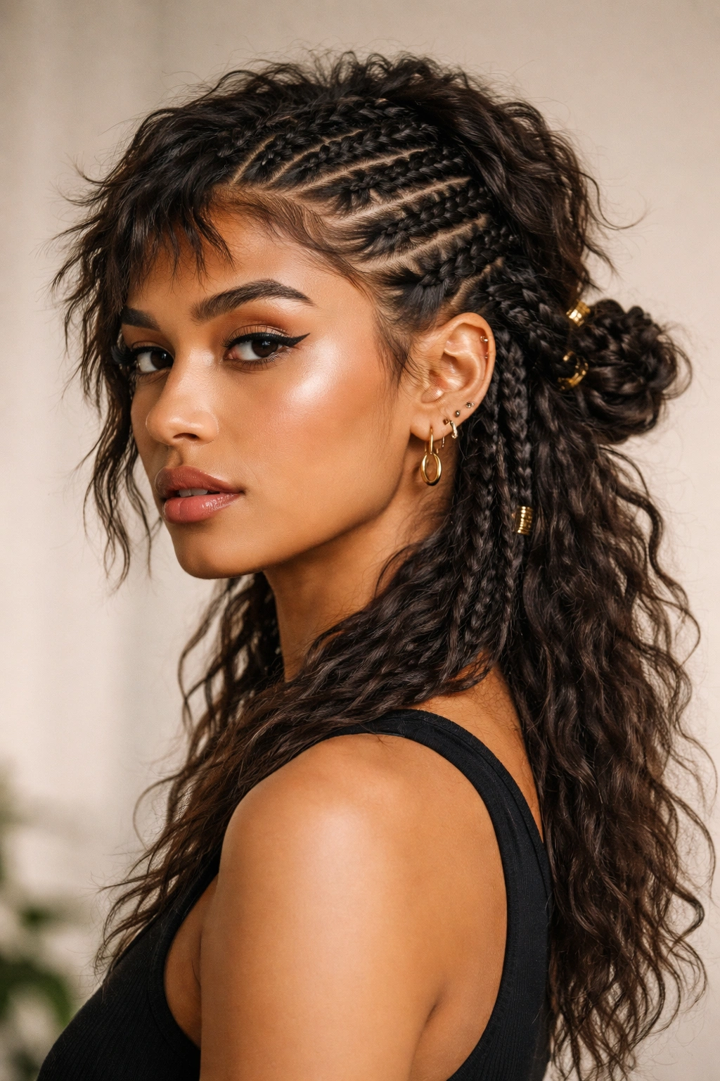 Portrait of a person with braids and texture in the front and a lengthier back mullet