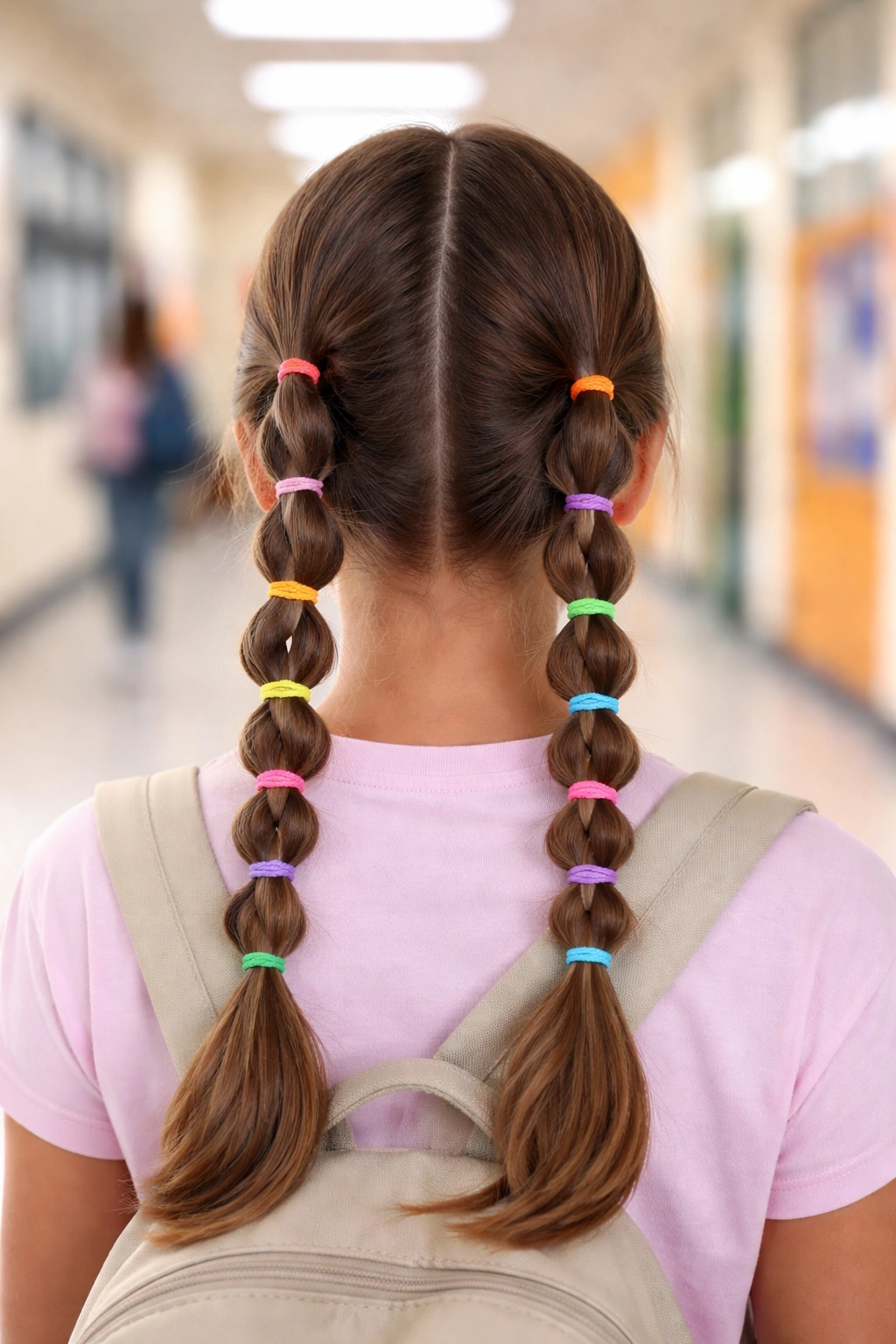 Close-up of two braided pigtails with colorful elastics in a school corridor