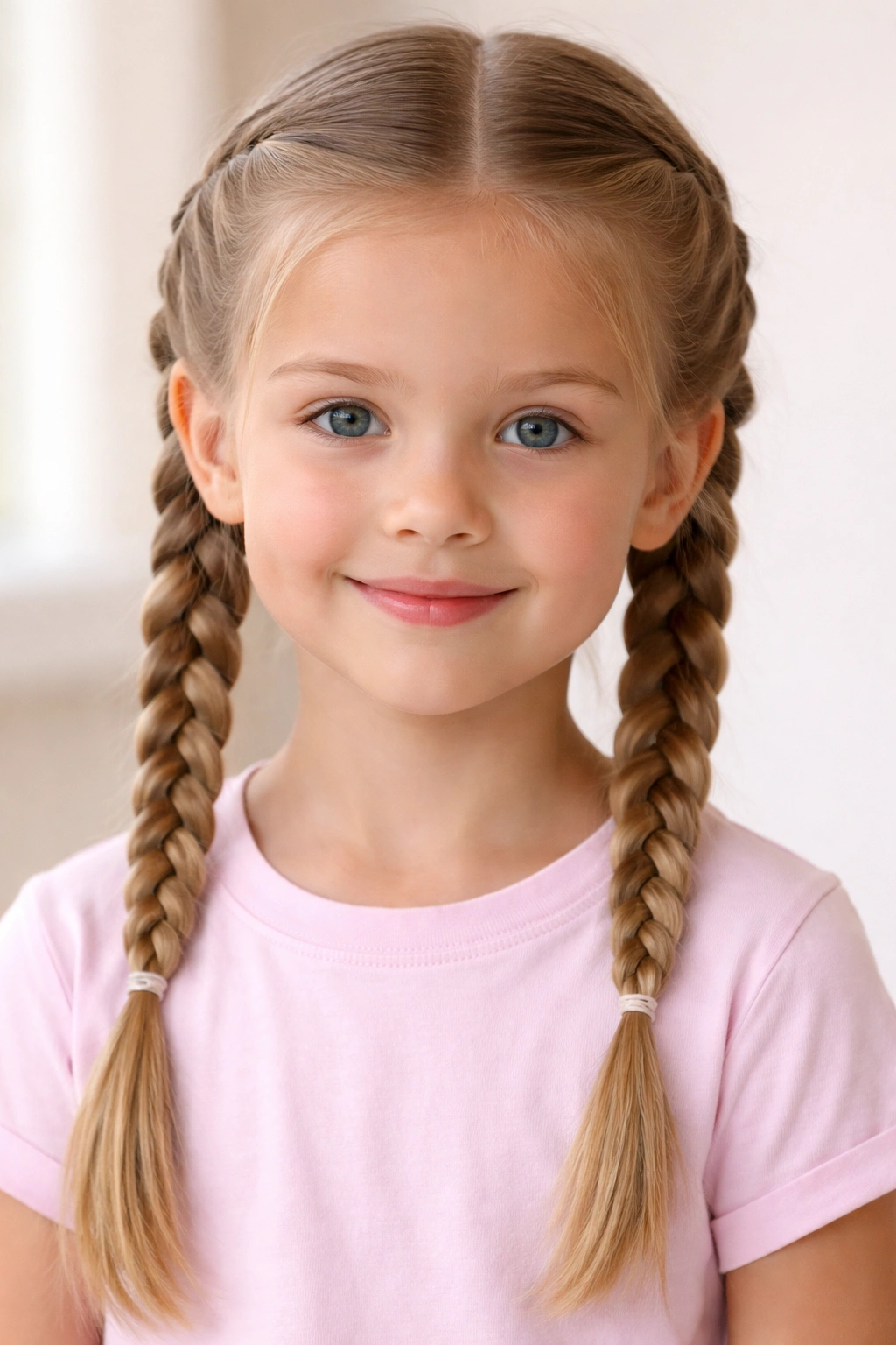 Two symmetrical braided pigtails on a child's head
