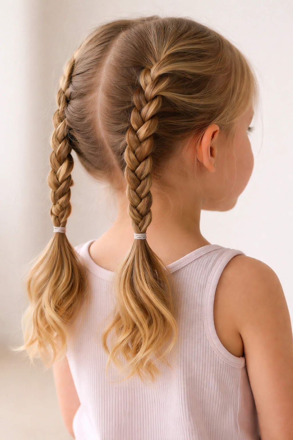Two braided pigtails with loose ends on a toddler