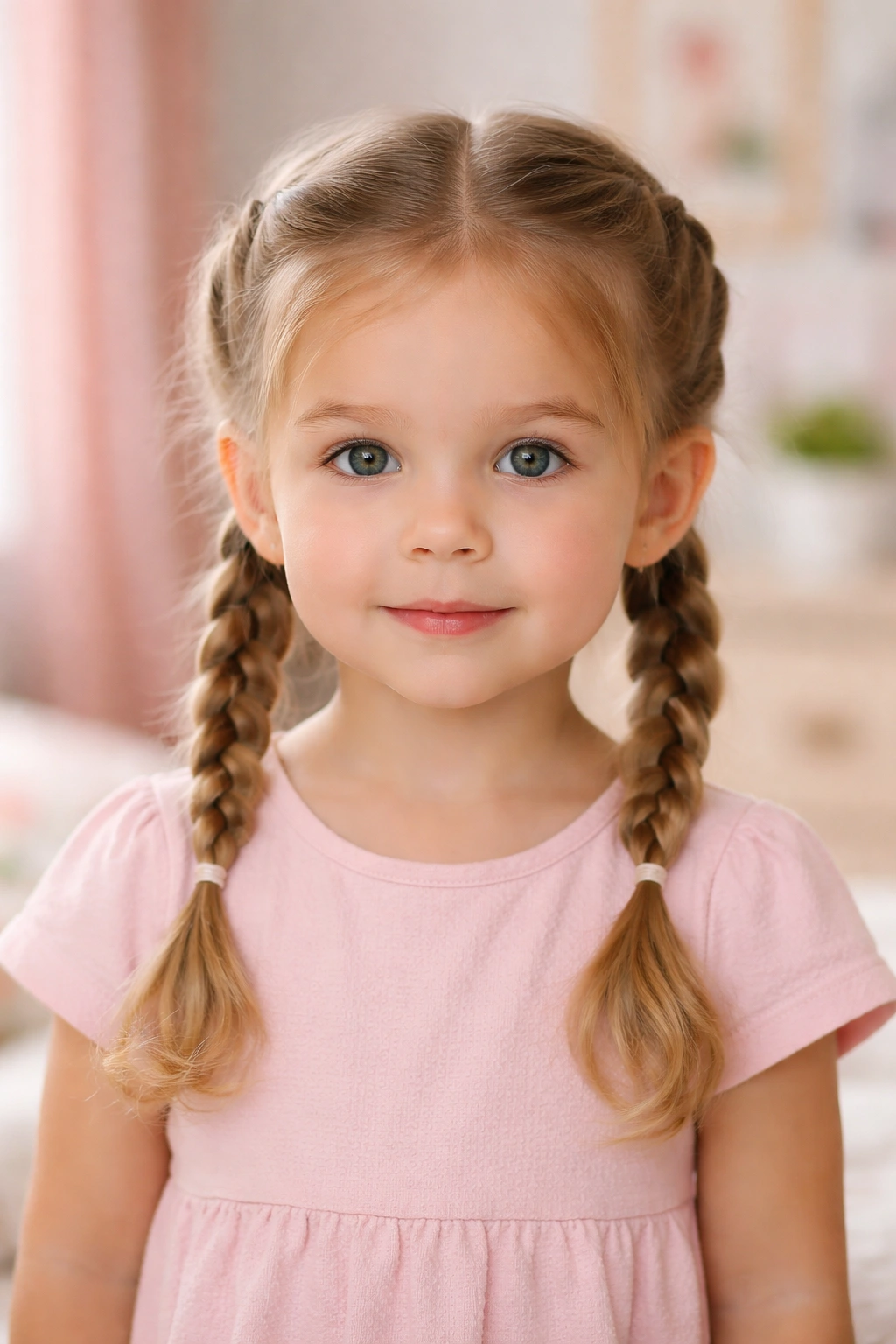 Twin braided pigtails on a toddler with a center parting.