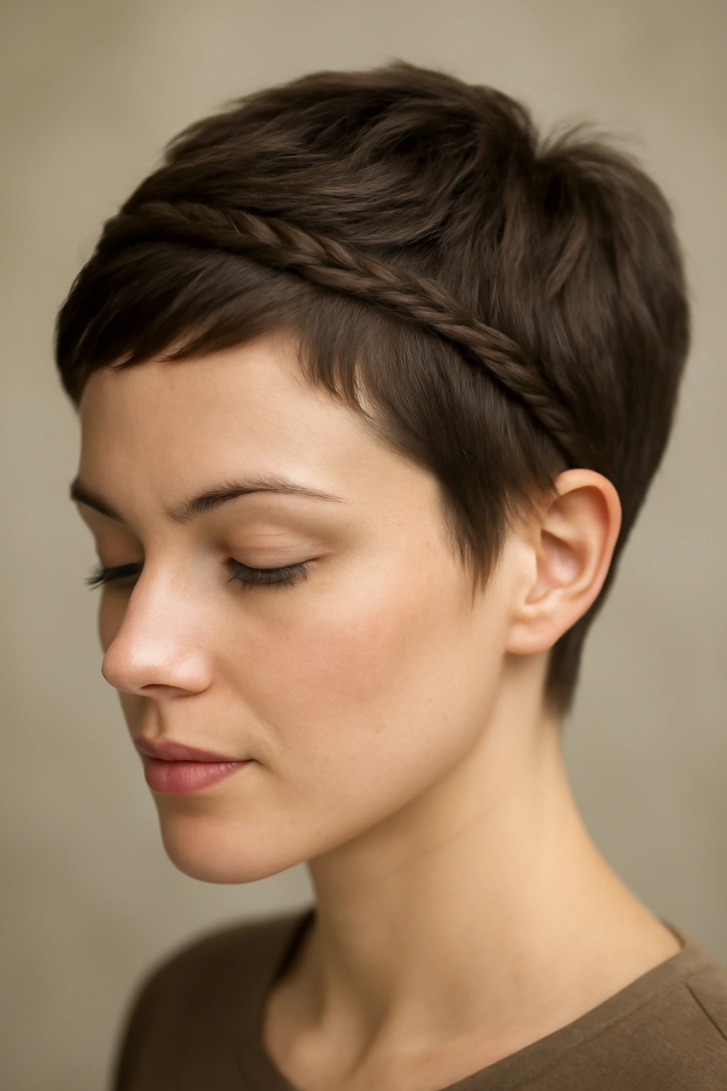 10 Short Hairstyles Perfect for Special Occasions 7 Close-up of a short pixie with a delicate braid across the crown for a formal look