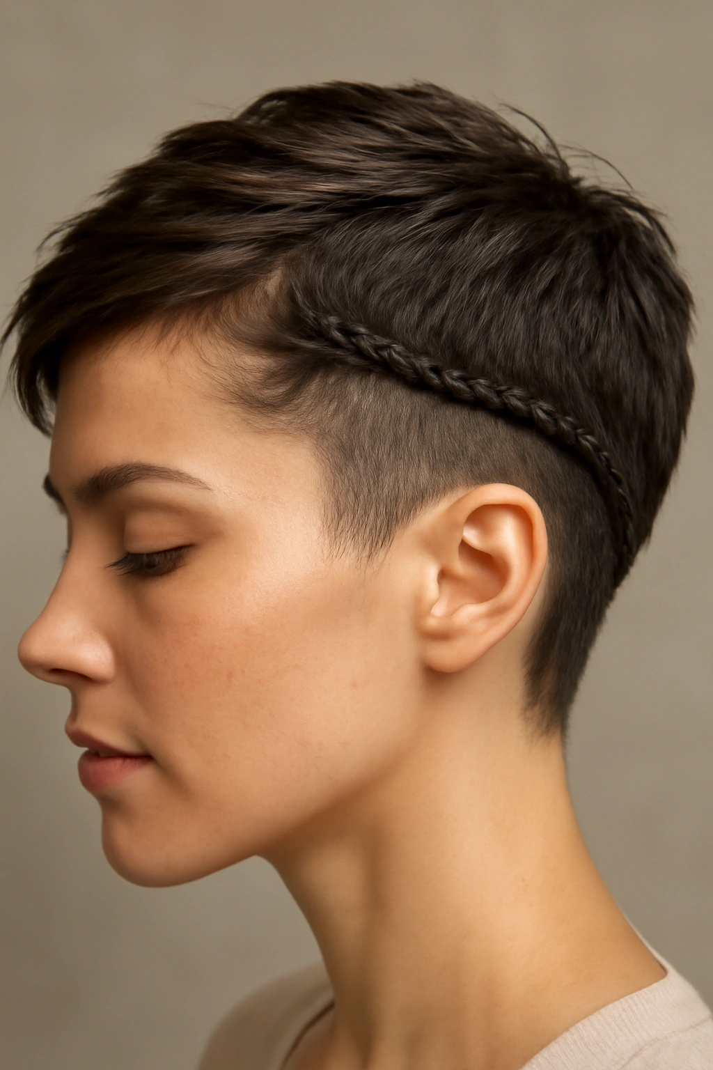12 Braided Short Hairstyles That Actually Stay Put 10 Close-up of a pixie cut with a small braid along the undercut edge