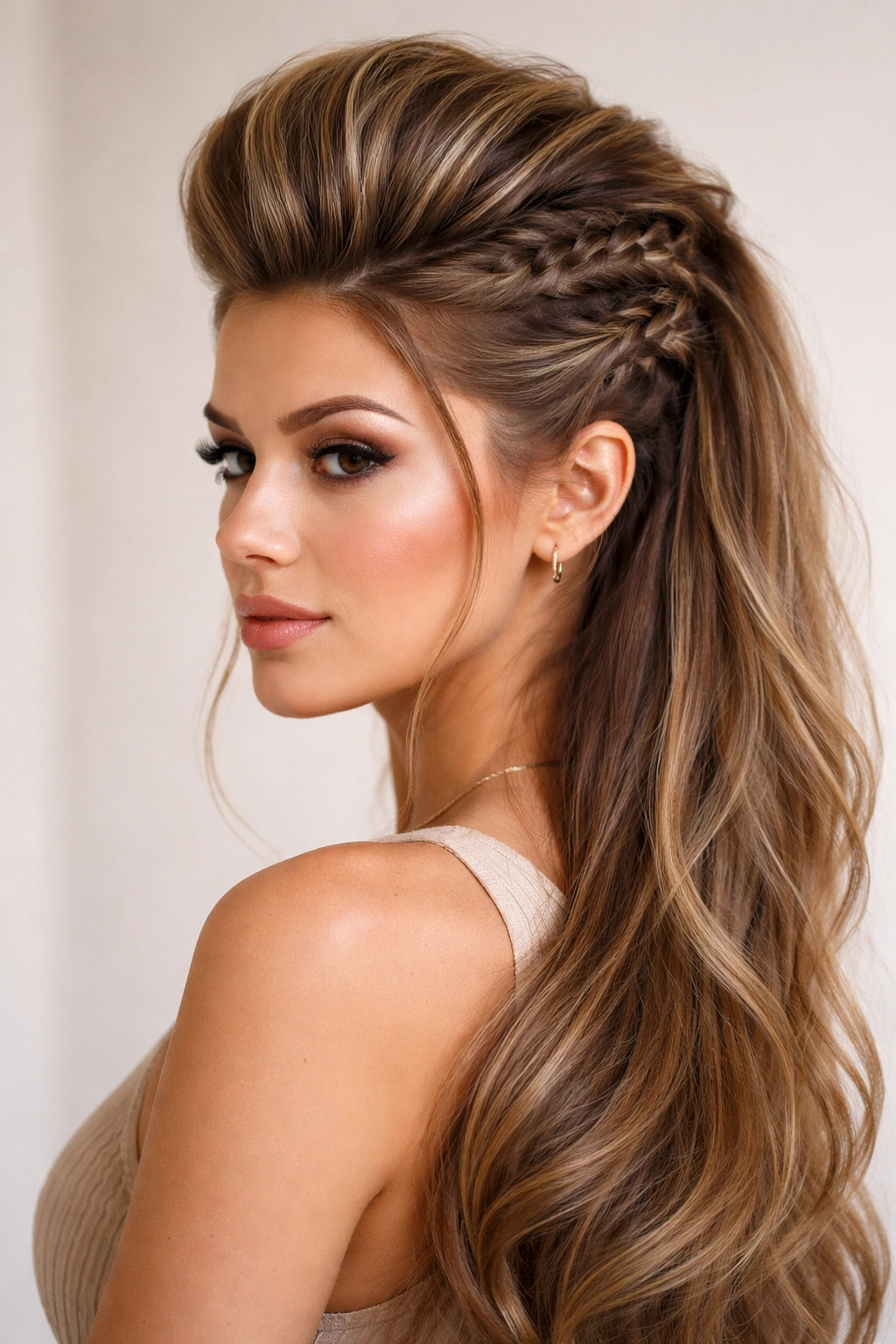 Long hair with braided texture integrated into a pompadour