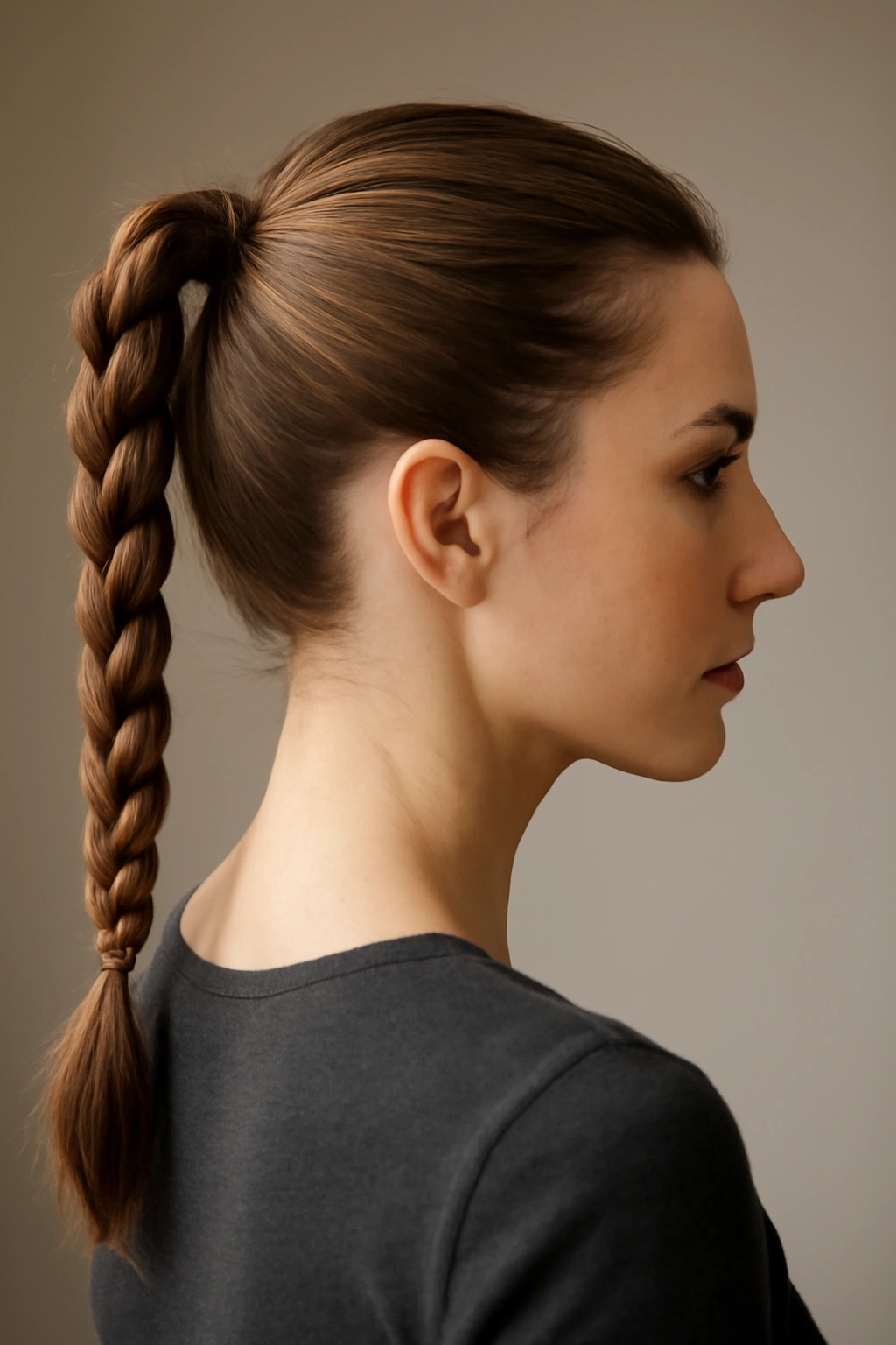 15 Ponytail Hairstyles for Work and Nights Out 6 Braided ponytail with a braid along its length in a neutral studio.