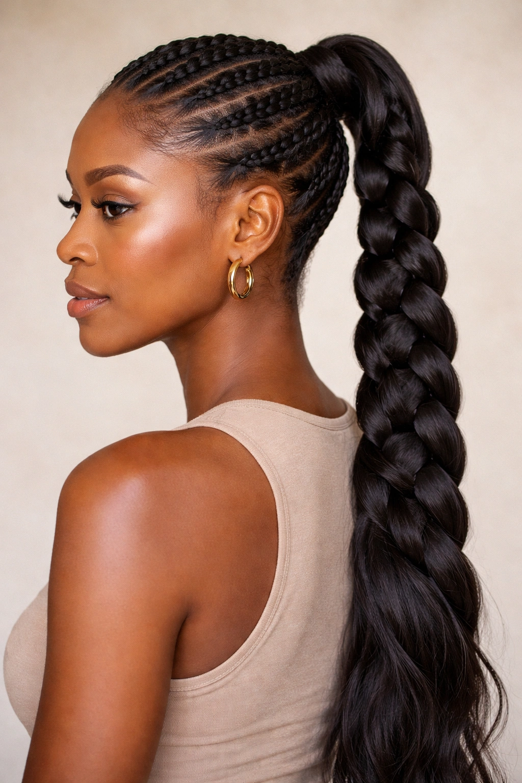 25 Natural Hairstyles Black Women Are Rocking Now 25 Close-up of a braided ponytail with cascading length on a Black woman.
