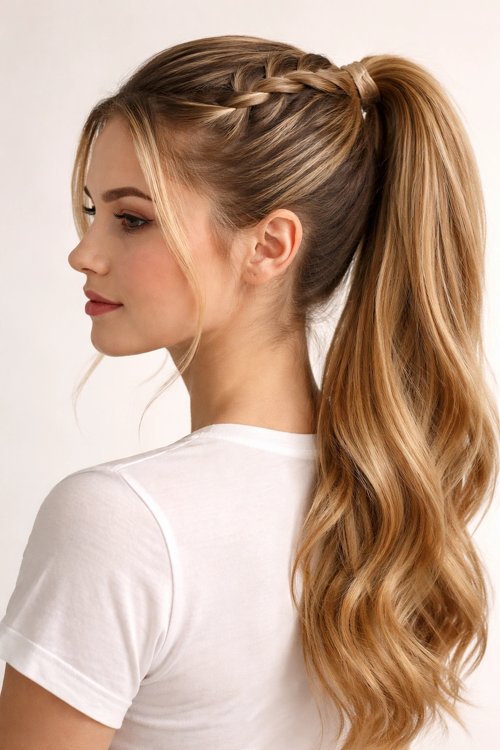 Braided ponytail with French braid leading into a smooth ponytail