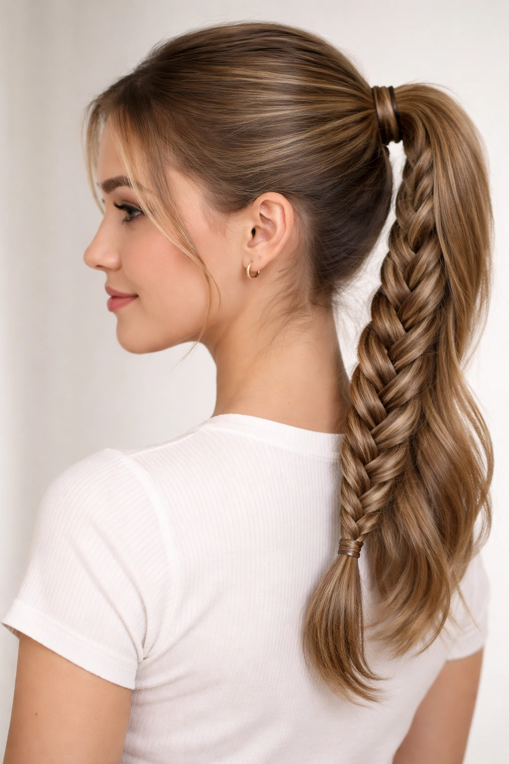 Mid-height ponytail with a long braid wrapped around the elastic.