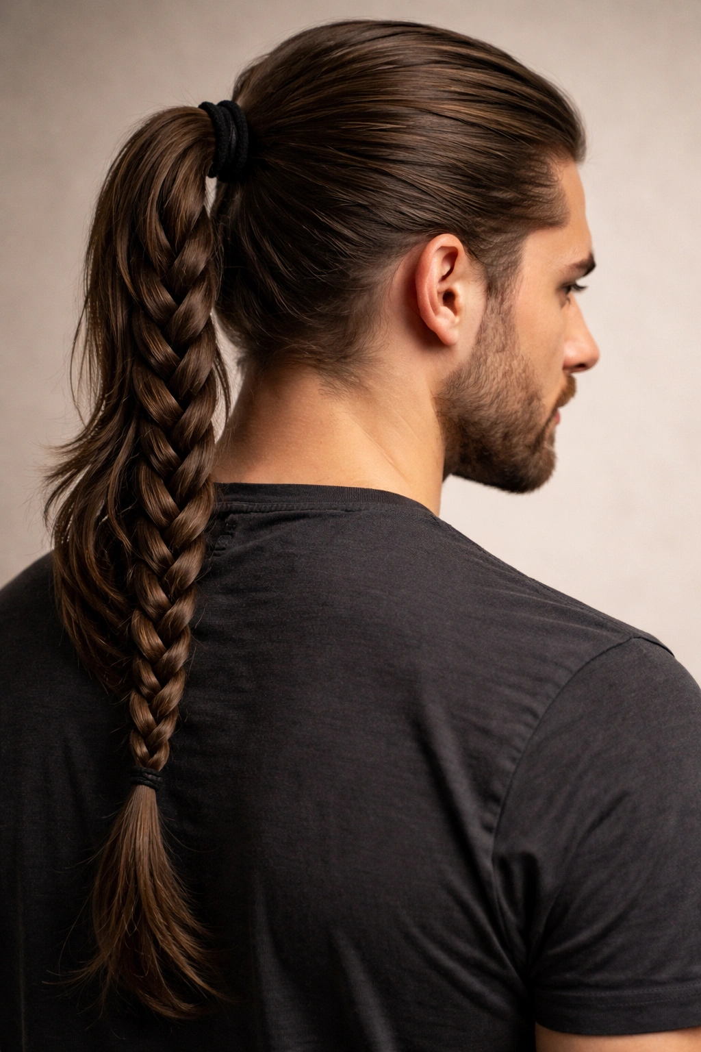 Male portrait with a single long braided ponytail against a neutral backdrop