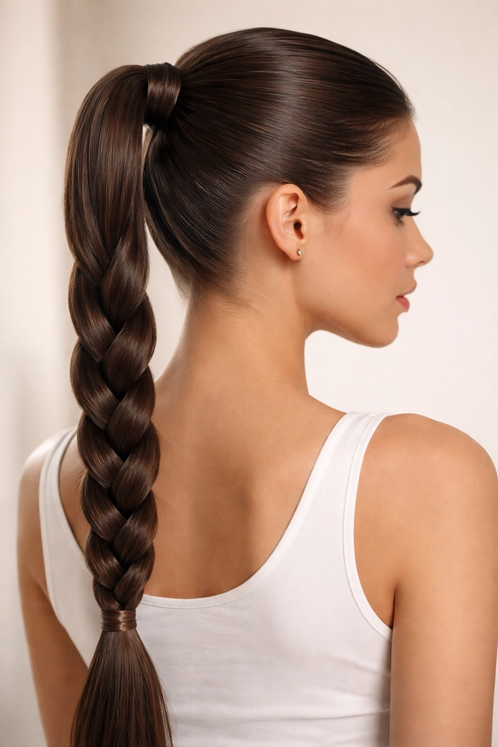 Close-up of a sleek braided ponytail with a smooth top and a neat three-strand braid.