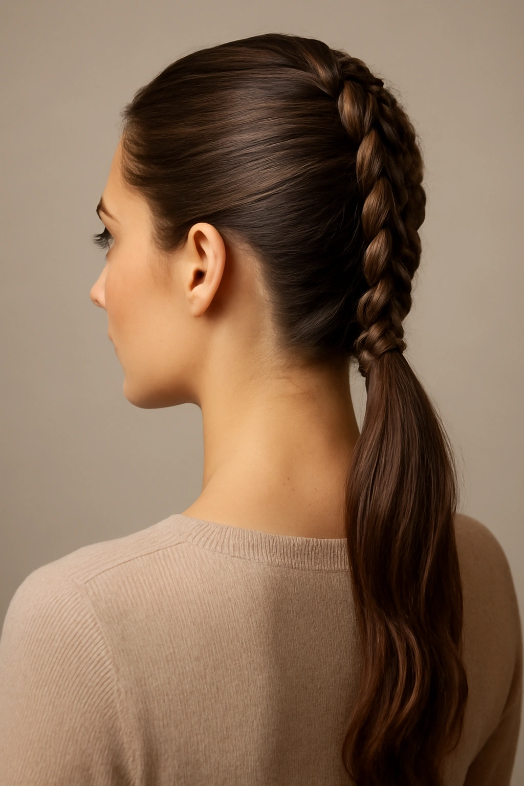 Ponytail featuring a neat central braid running along its length.