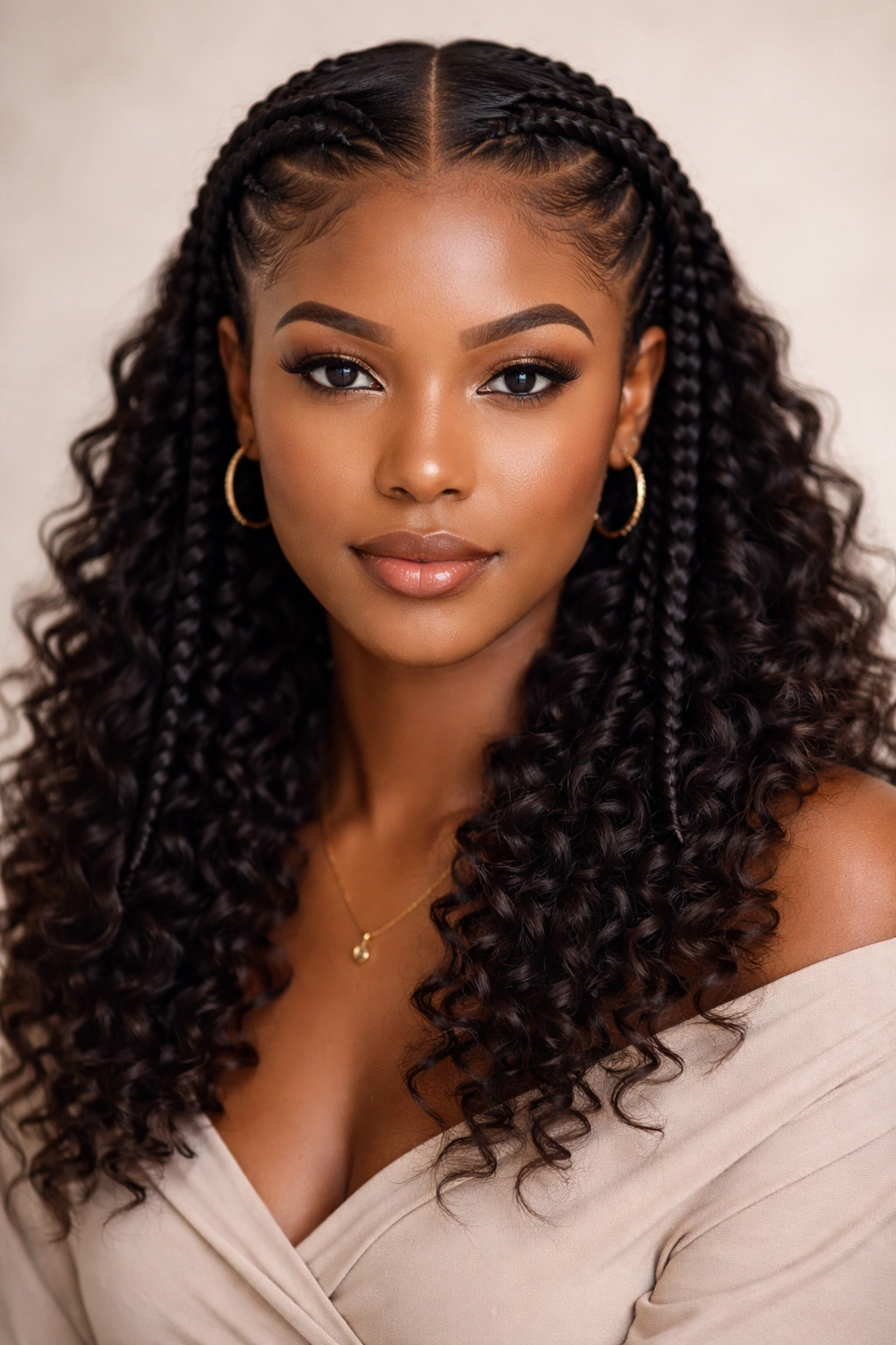 Front view of braided sides with a center part and loose curls in the middle