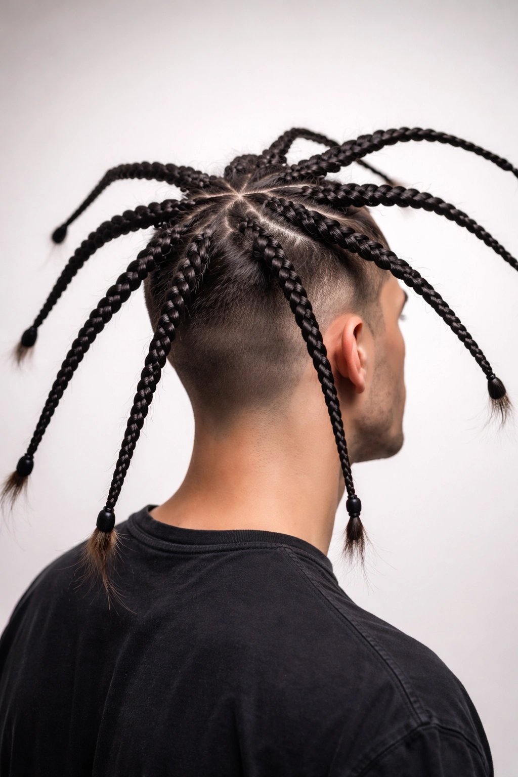 Hair body shaved with thin braids extending outward like spider legs.