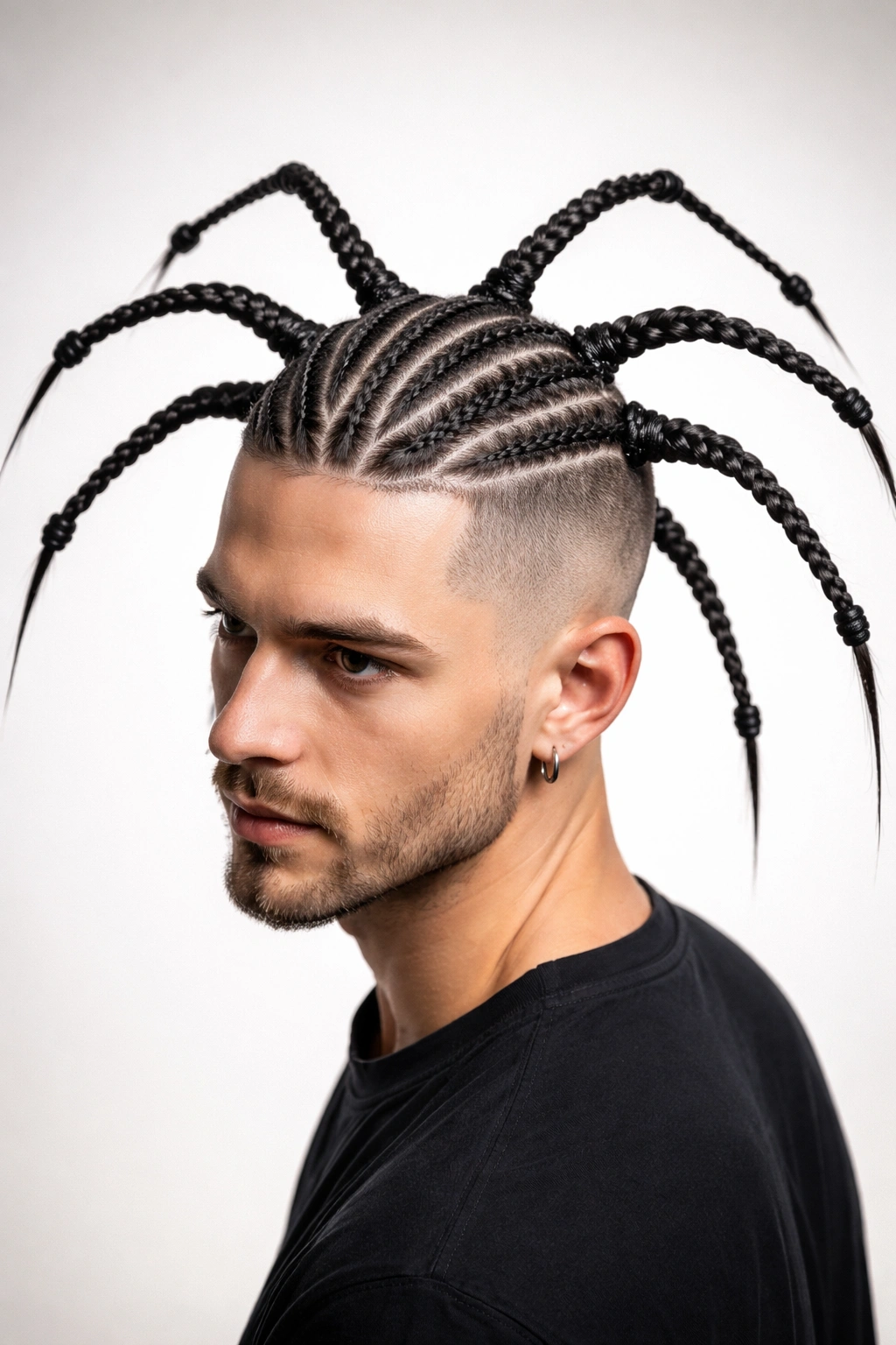 Head with braided spider legs hairstyle extending outward