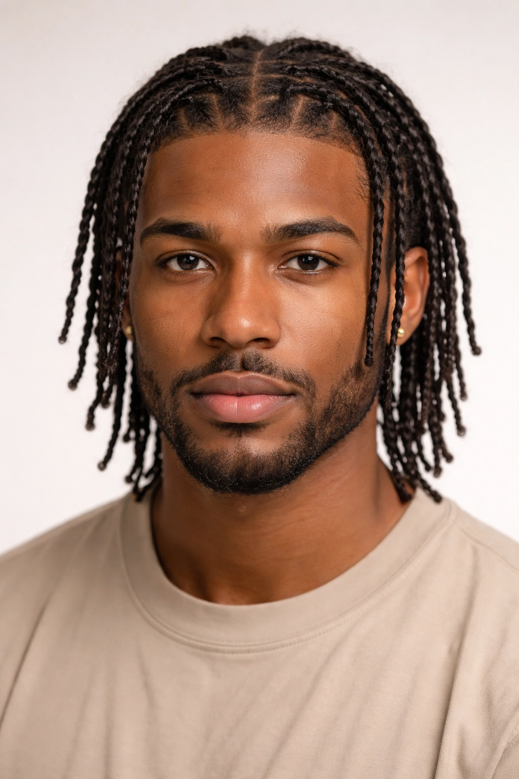 Close-up of braided starter locs on loose textured hair