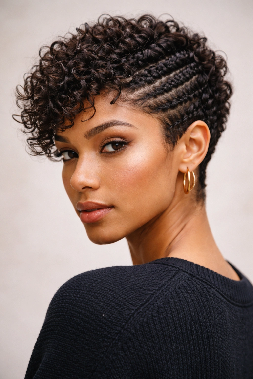 20 Short Curly Haircuts To Try Today 17 Portrait of a person with braided-inspired texture cut showing separated curls.