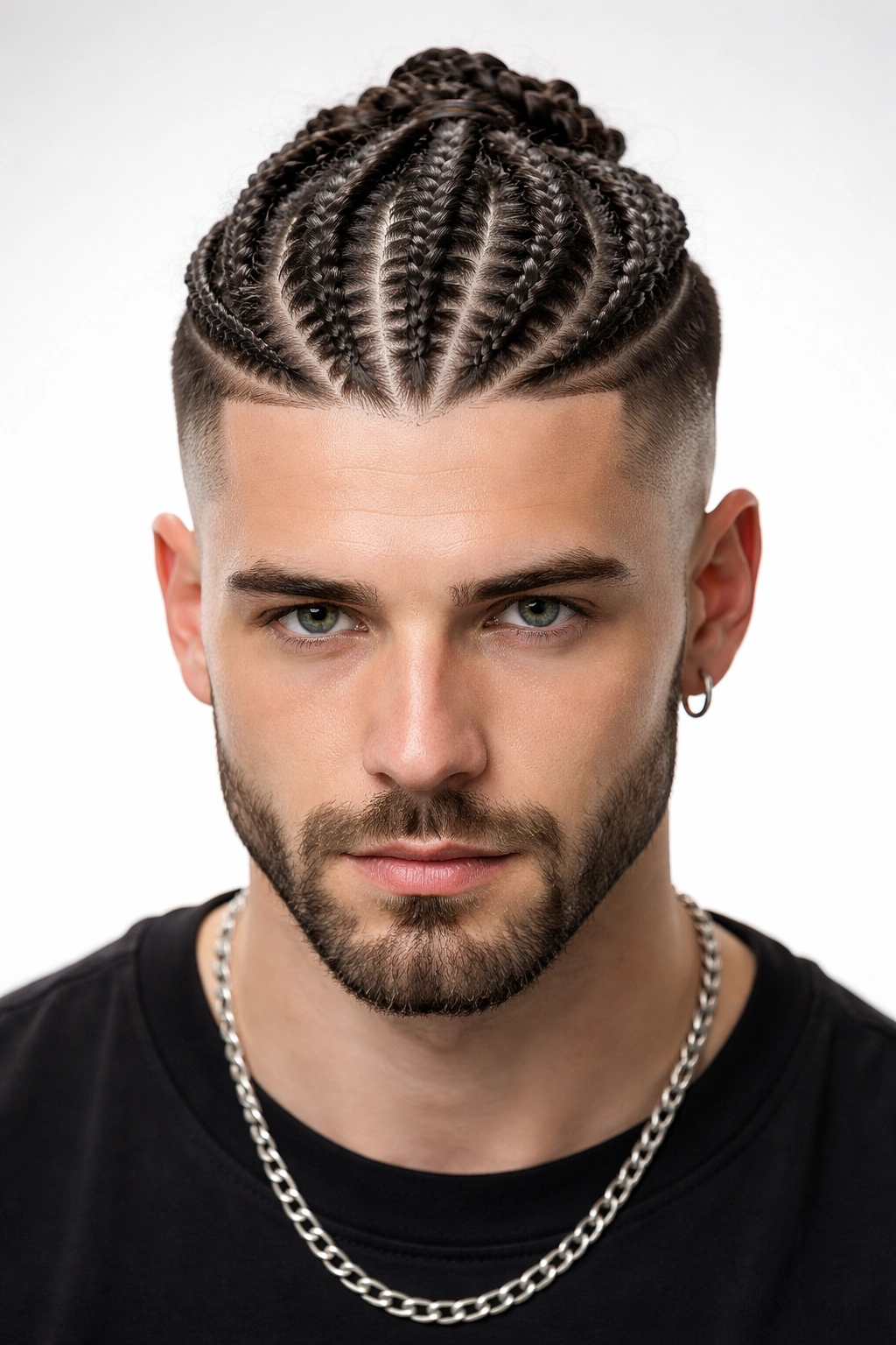 Head-on view of braided top with undercut, showcasing complex braids and shaved sides