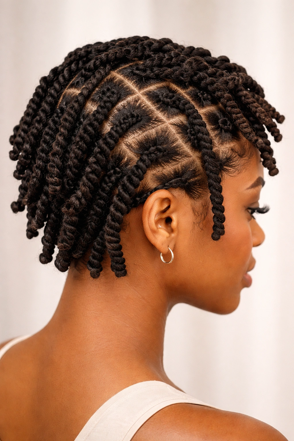 Close-up of head with braided and twisted loc sections in a checkerboard pattern