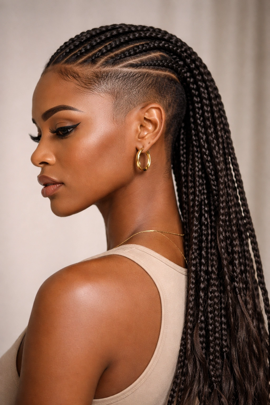 Close-up of braided undercut with flowing cornrows on a Black woman