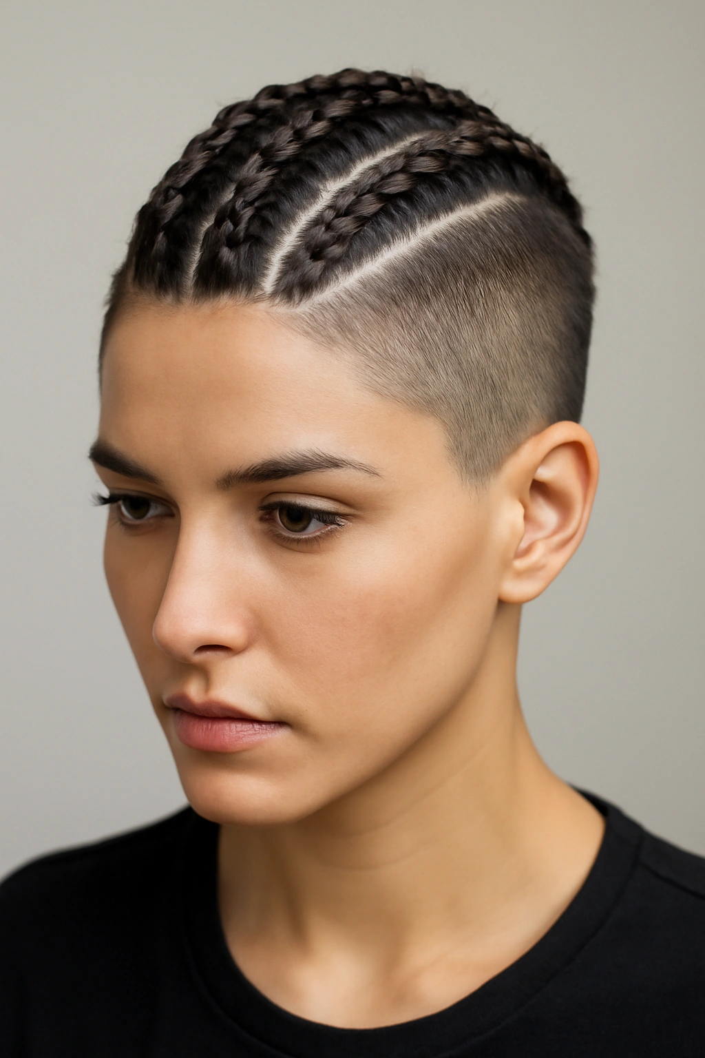 Top braids on an undercut with shaved sides