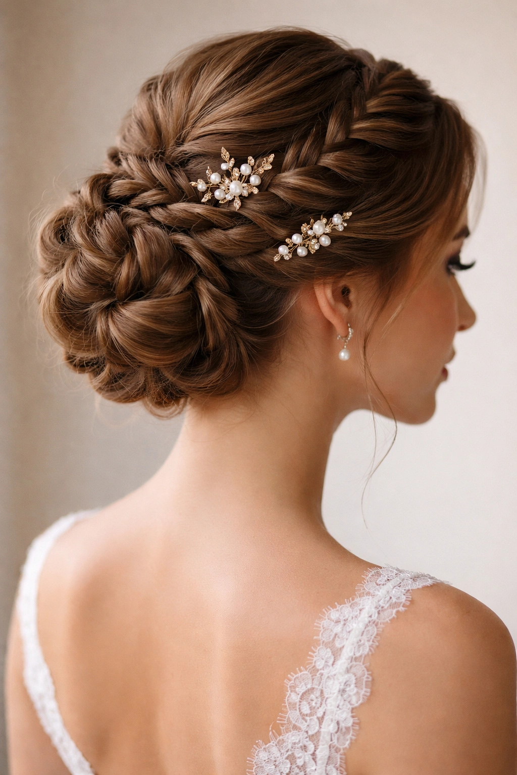 Elegant braided updo with decorative pins arranged throughout the bun