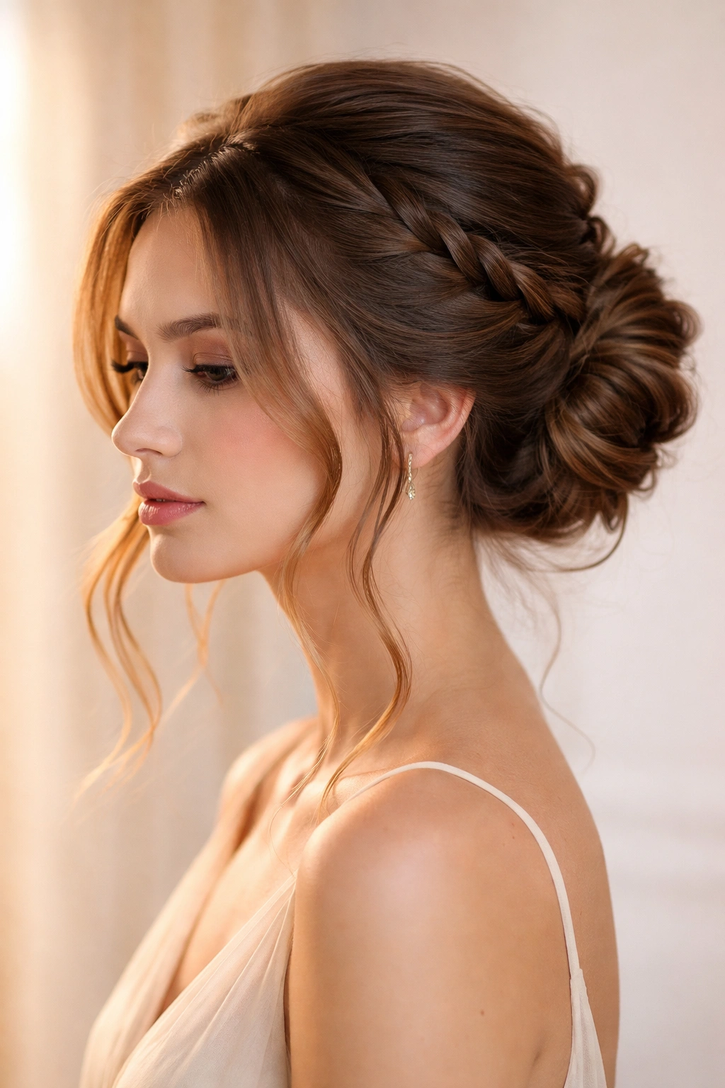 Braided updo with soft face-framing pieces