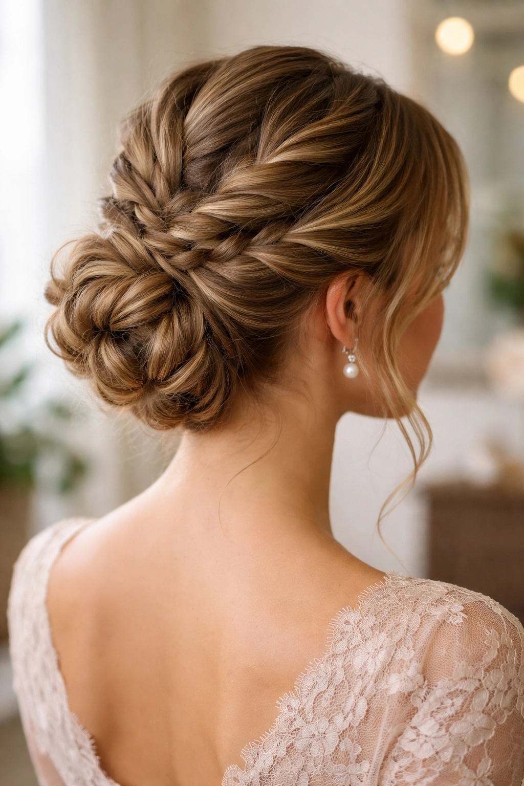 Medium-length hair styled into a braided updo at the nape