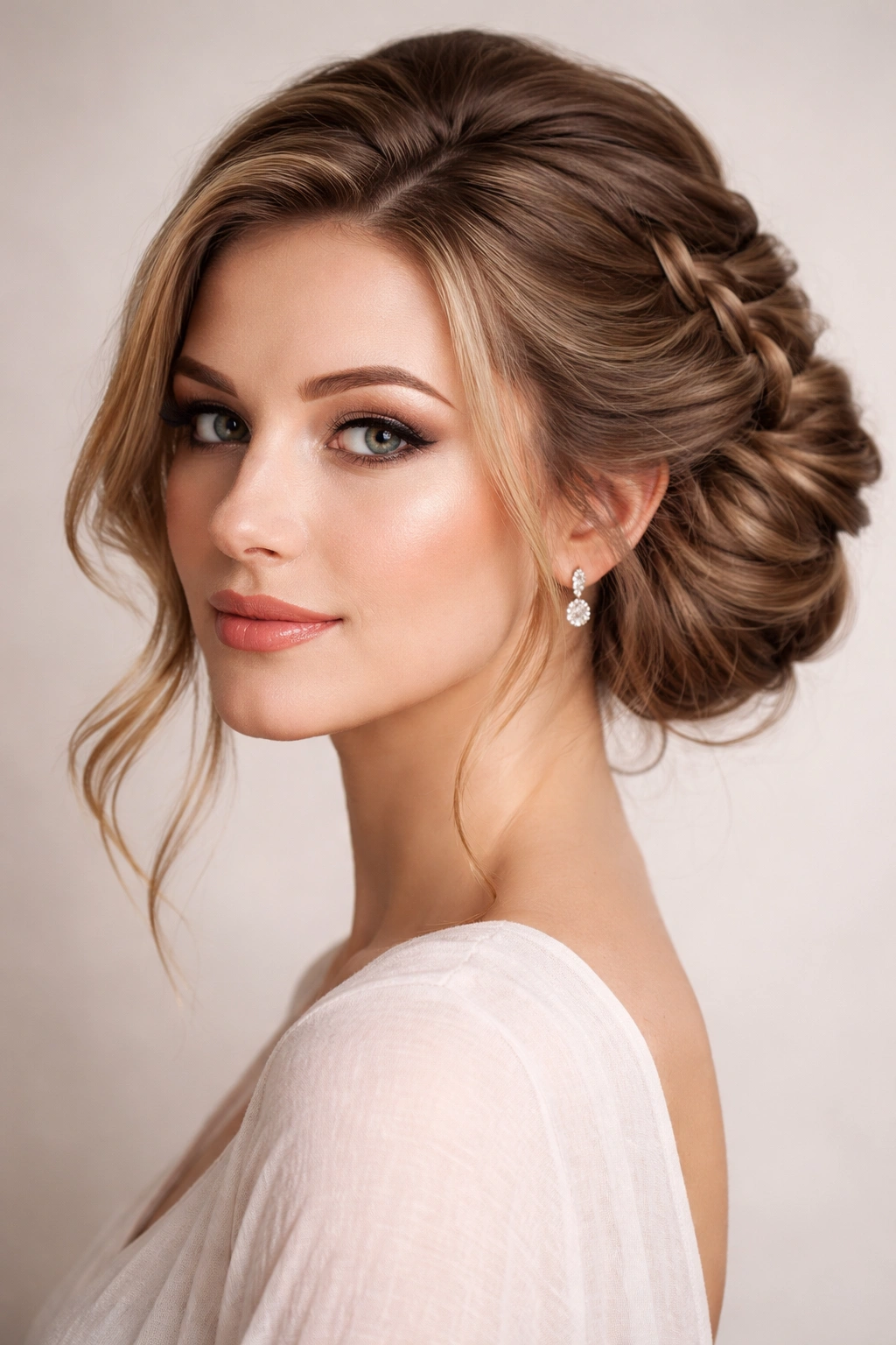 Model wearing a braided updo with side volume framing the face