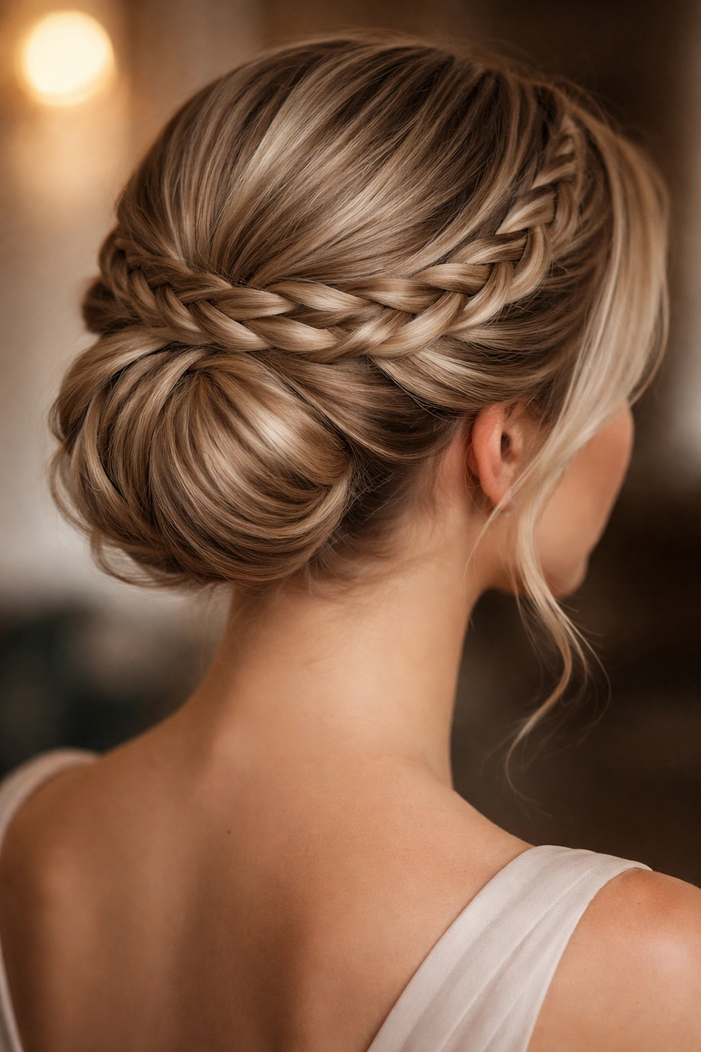 Braided wrap-around updo with crown braids around a low bun