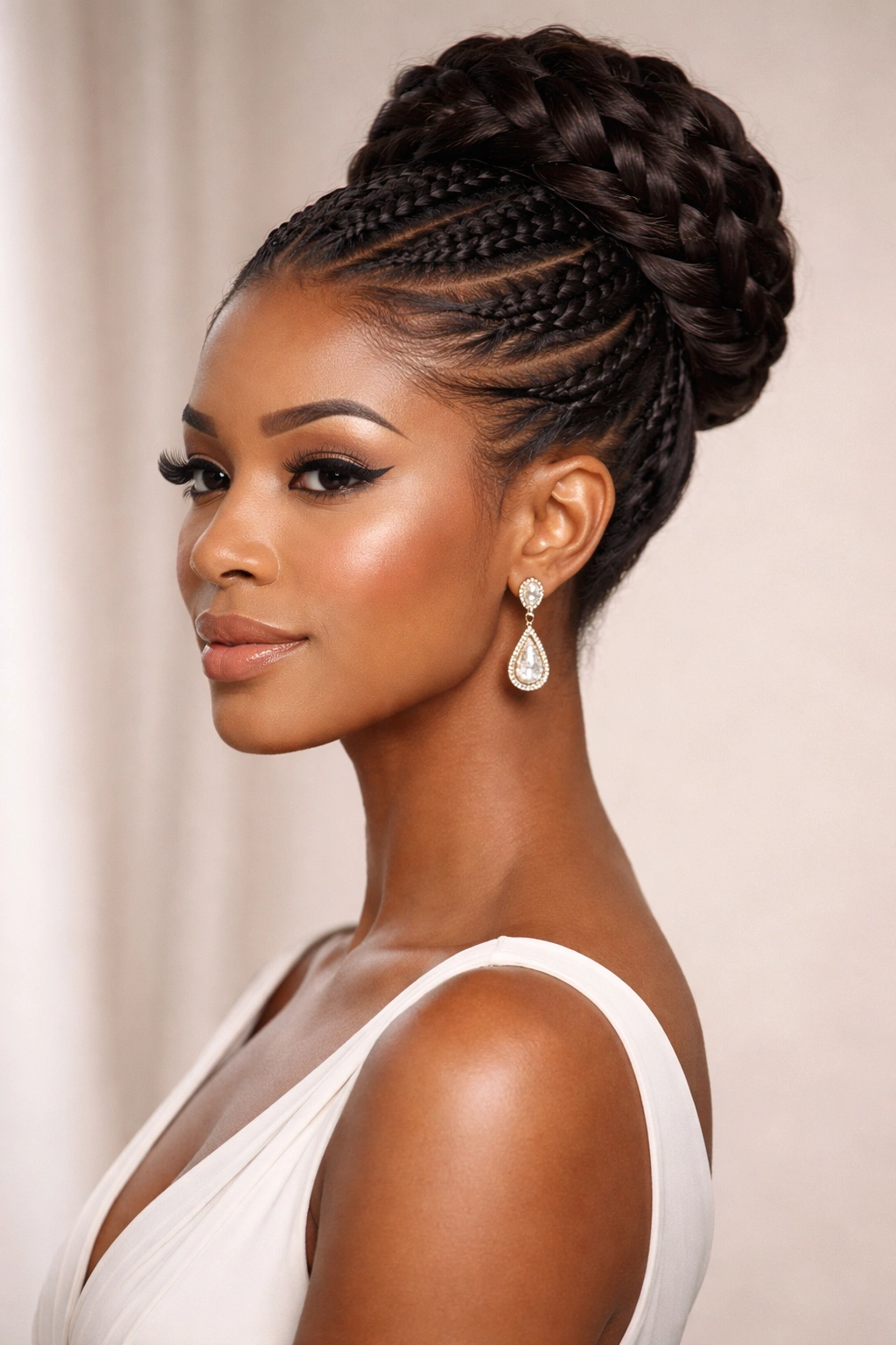 Close-up of a model with an elegant braided updo, formal protective hairstyle.