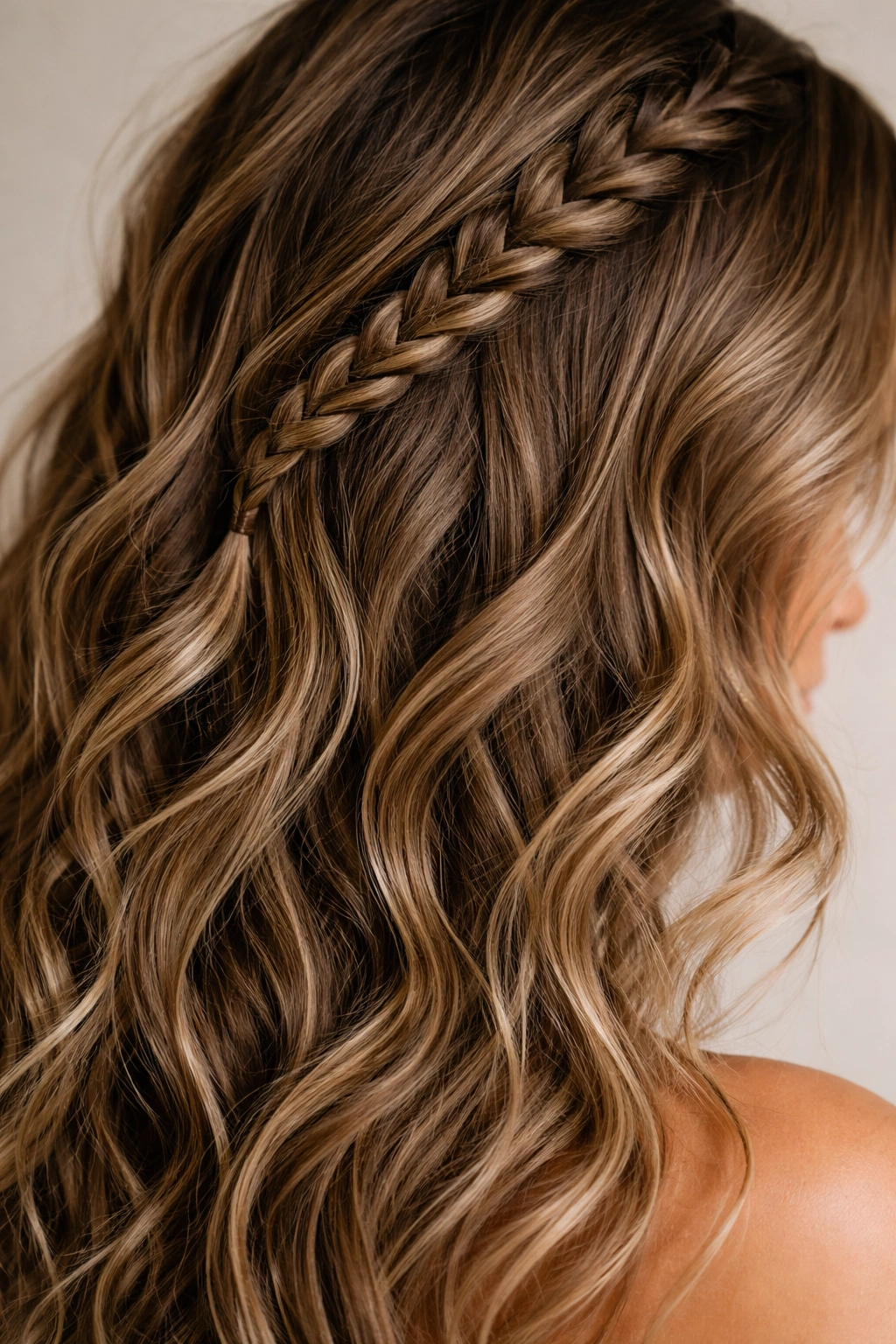 20 Wavy Haircuts For Every Length And Face Shape 10 Close-up of wavy hair with Dutch braid integrated into the waves