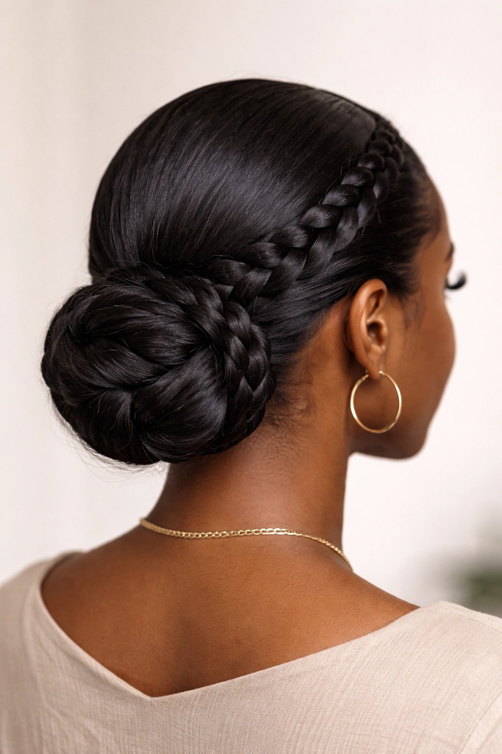 Braided wrap low bun with two braids wrapped into bun.