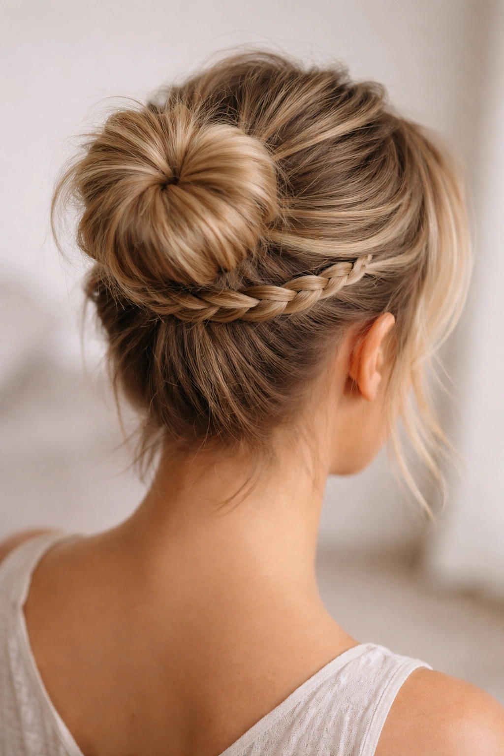 Thin three-strand braid wrapping around the base of a crown bun