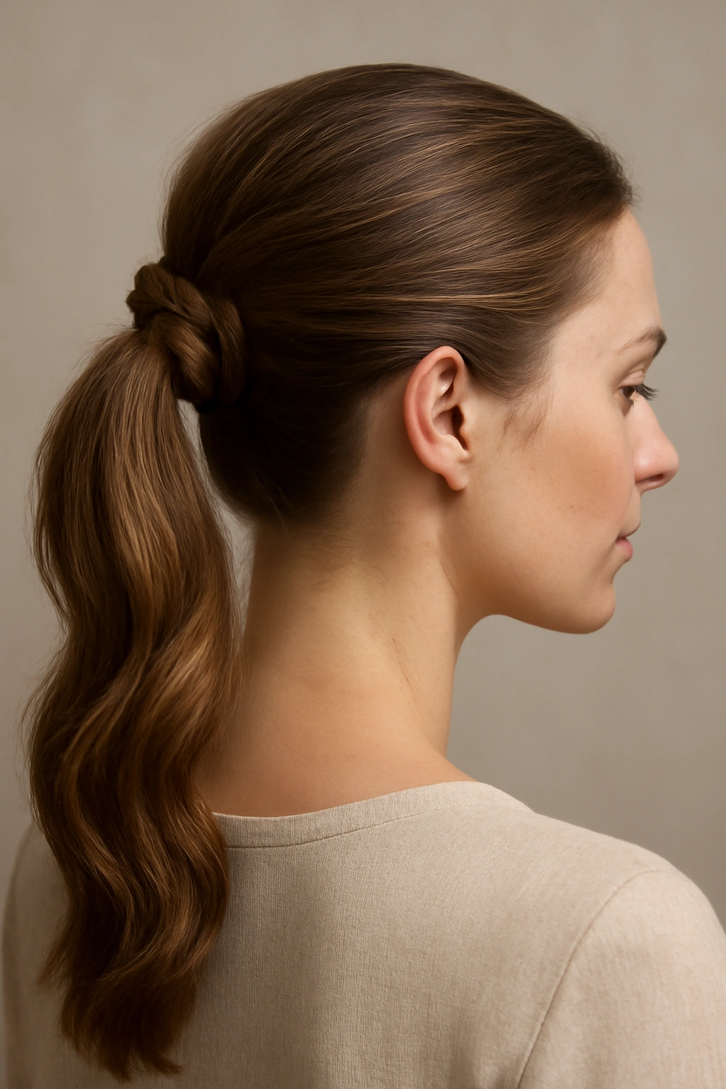 Close-up of braided wrap ponytail with a wrap-around braid at the base