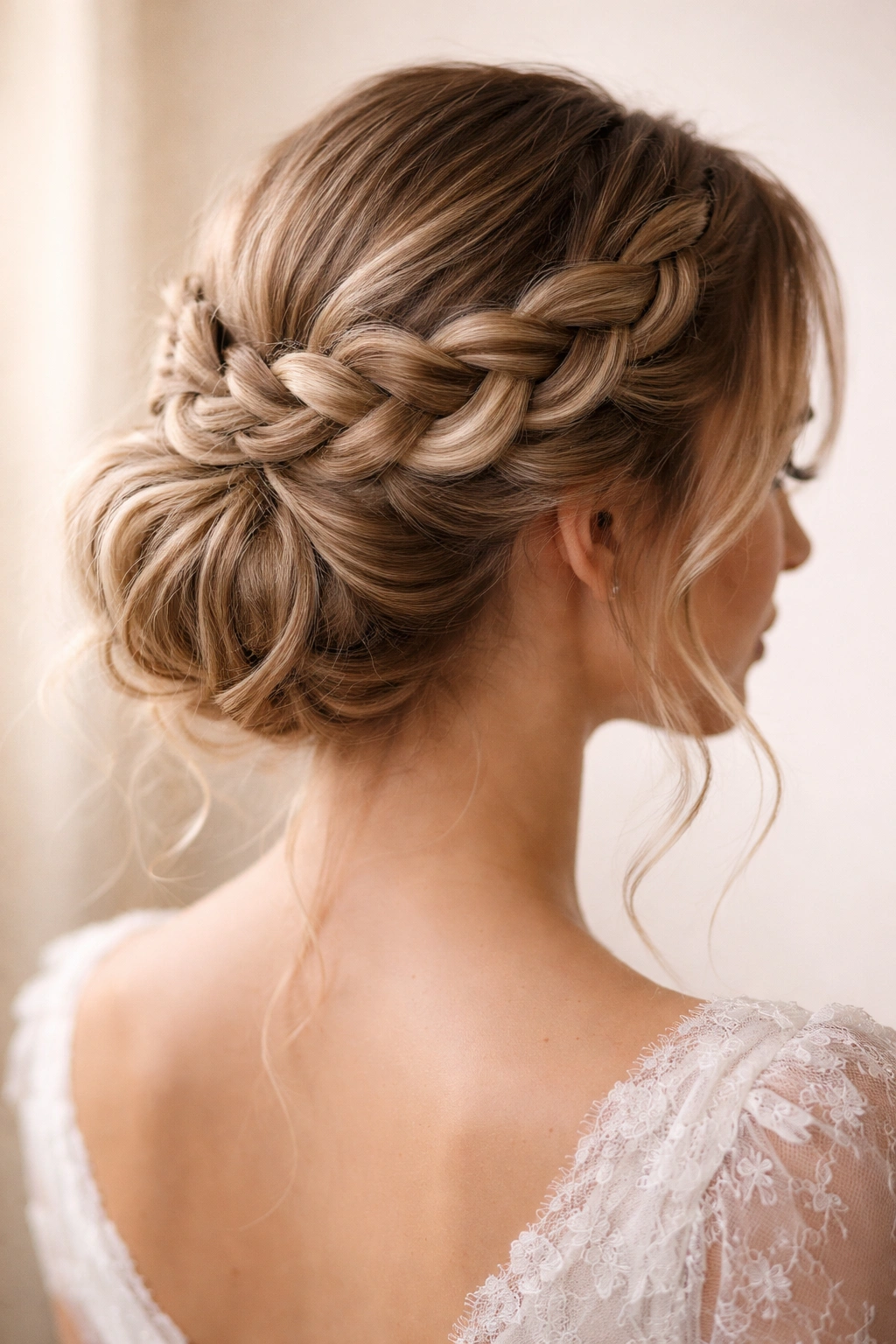 Close-up of a bridal head showing a braided wrap updo with a soft crown.