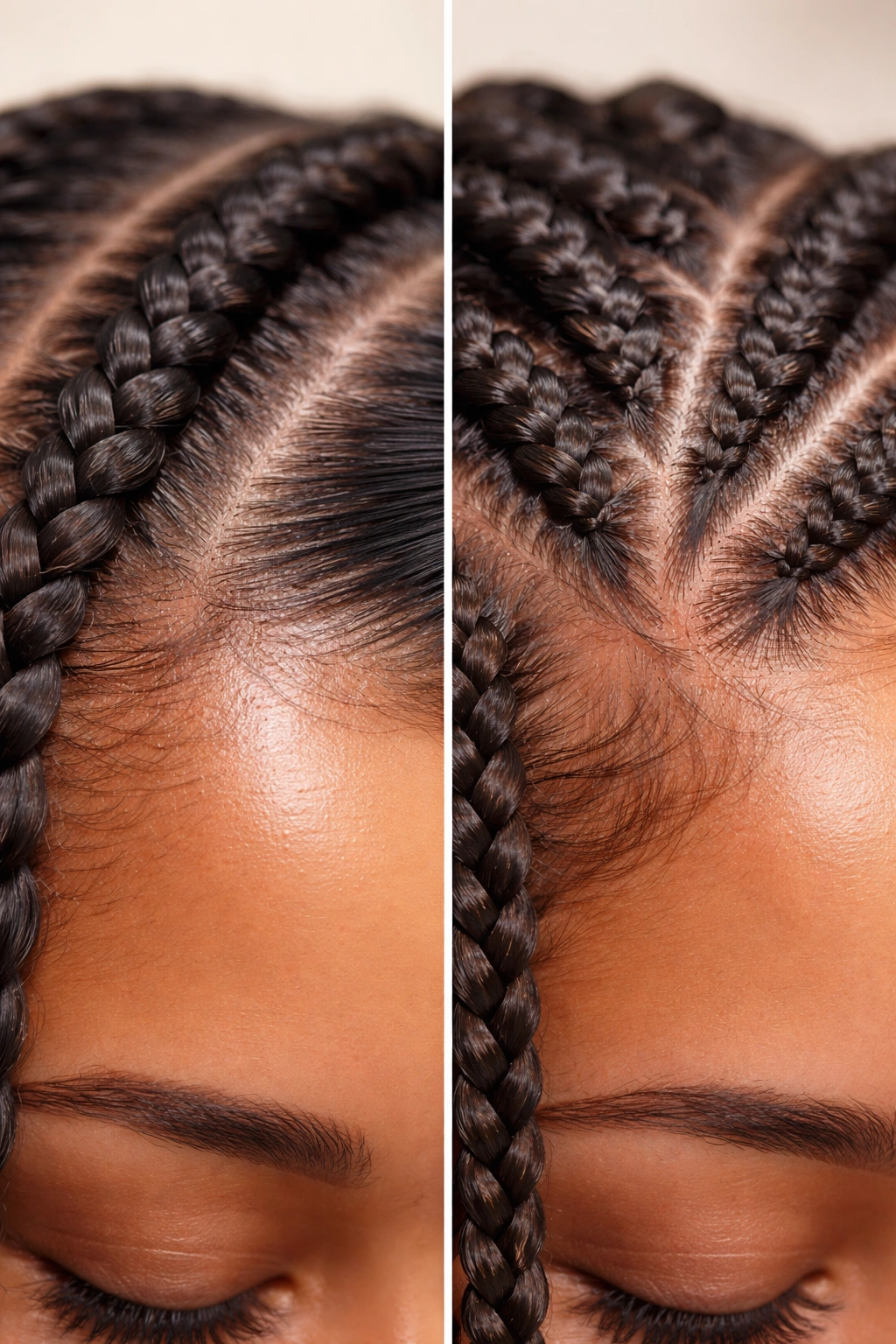 Close-up of two braid sections with extensions, showing proper tension and an overly tight braid.