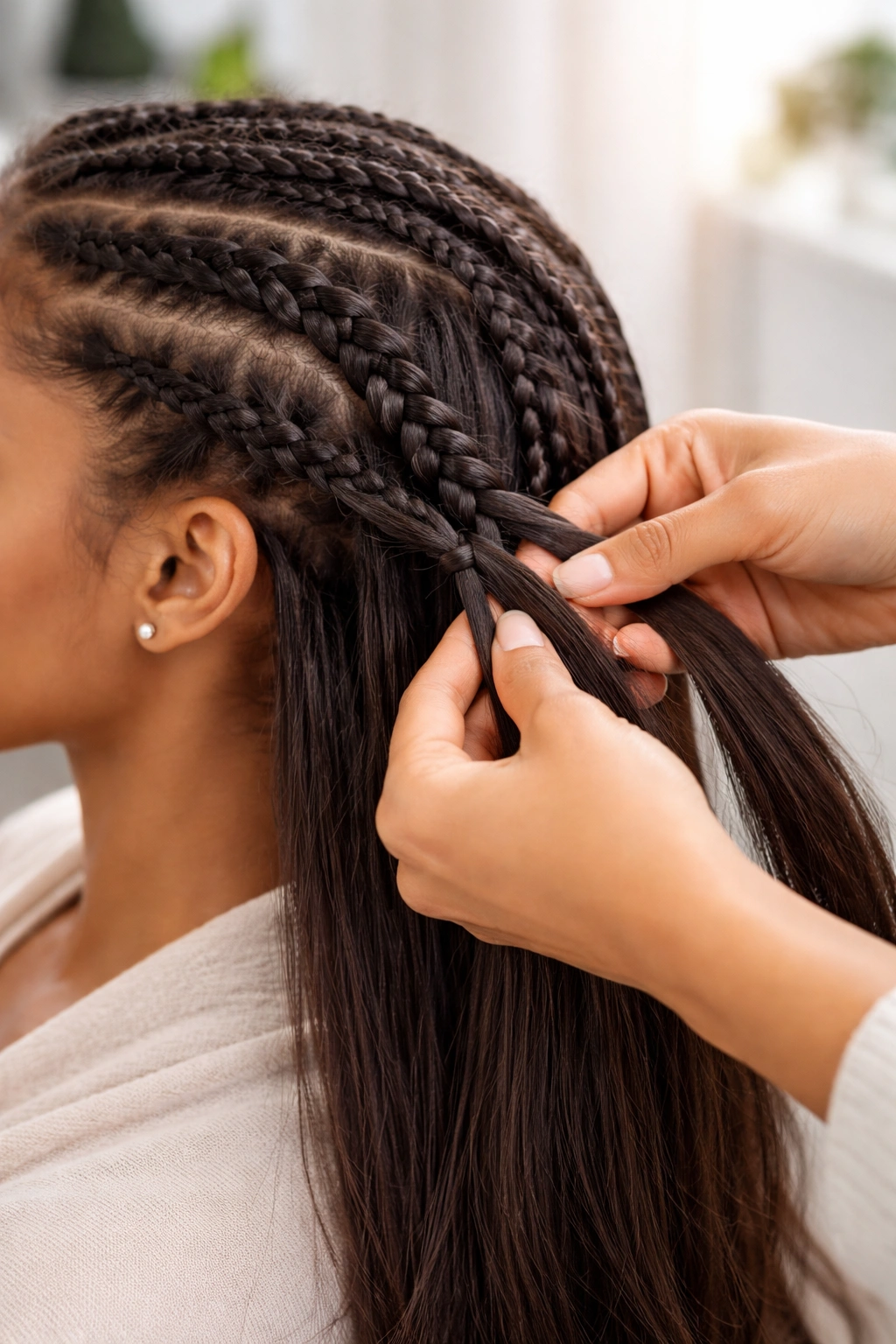 Hands braiding hair with careful tension illustrating best practices.