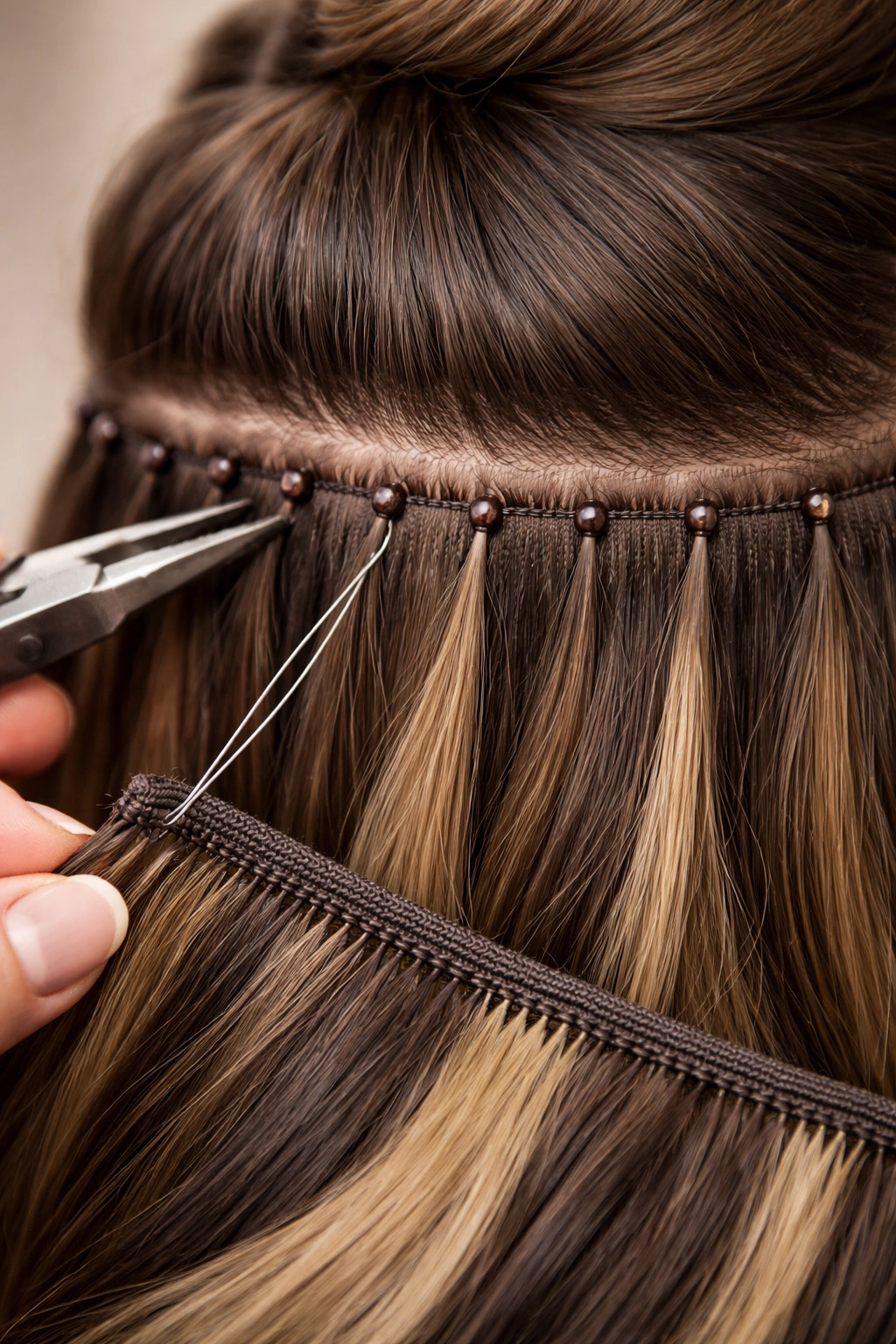 Macro shot of beaded anchor points for braidless sew-in