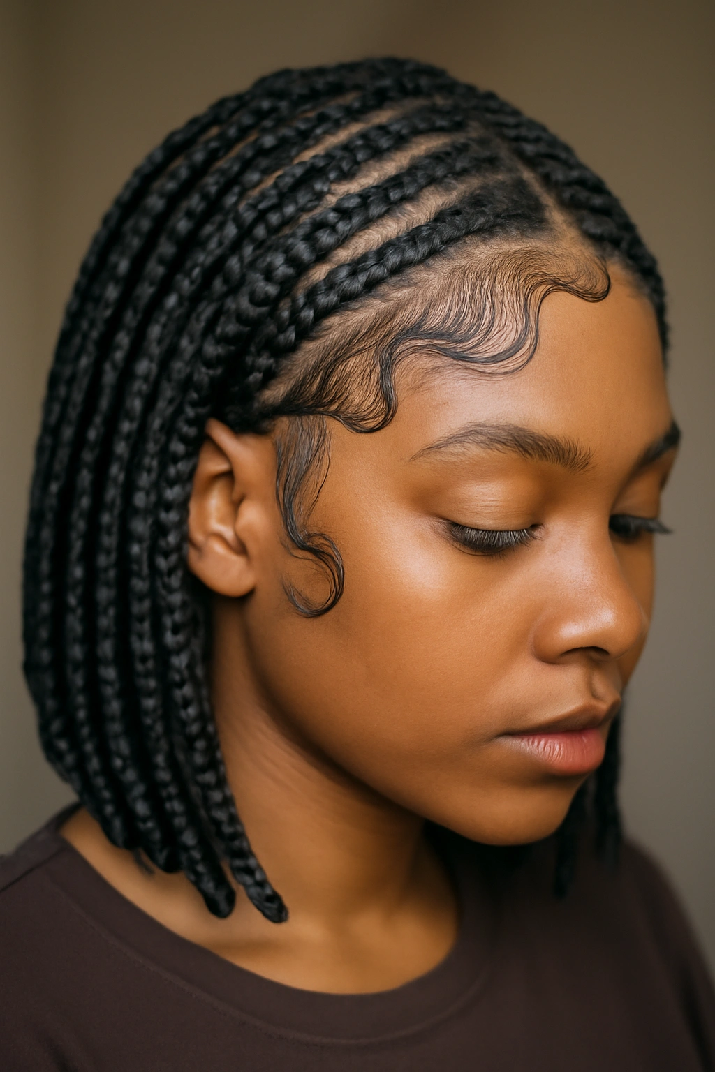 Shoulder-length braids with curved sculpted baby hair design.