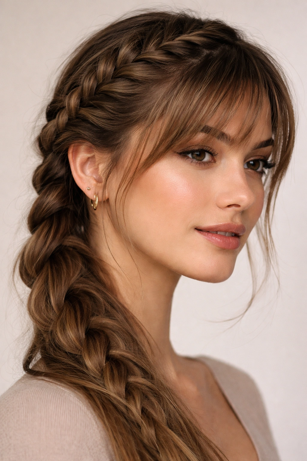 Close-up of a tight braid starting at the hairline including bangs