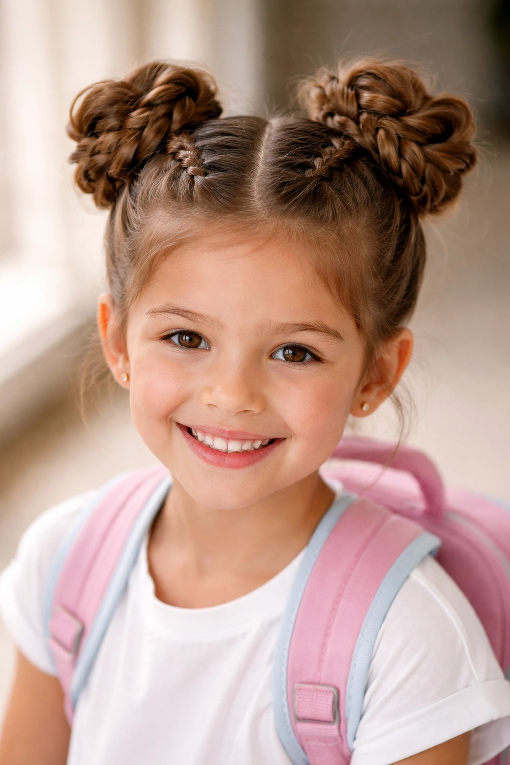 Two braided buns created from high ponytails on a child's head.