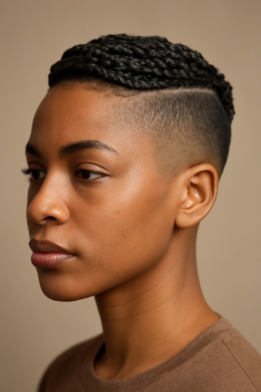 30 Short Haircuts for Black Women 13 Close-up portrait of a Black woman with a cropped back and a crown of small braids
